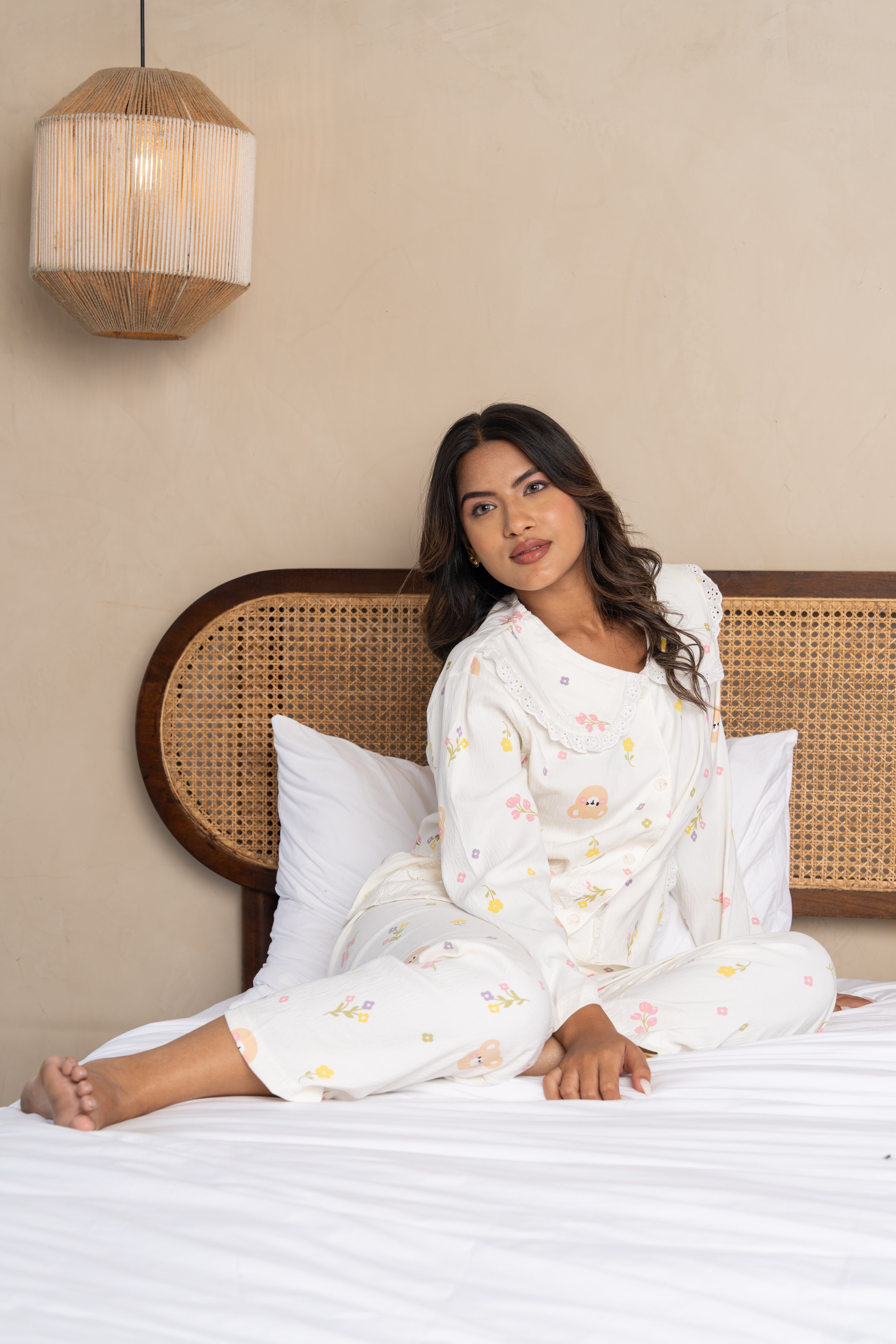 Elowen White Printed Cotton Nightsuit Set (Set of 3) – Playful Comfort Loungewear