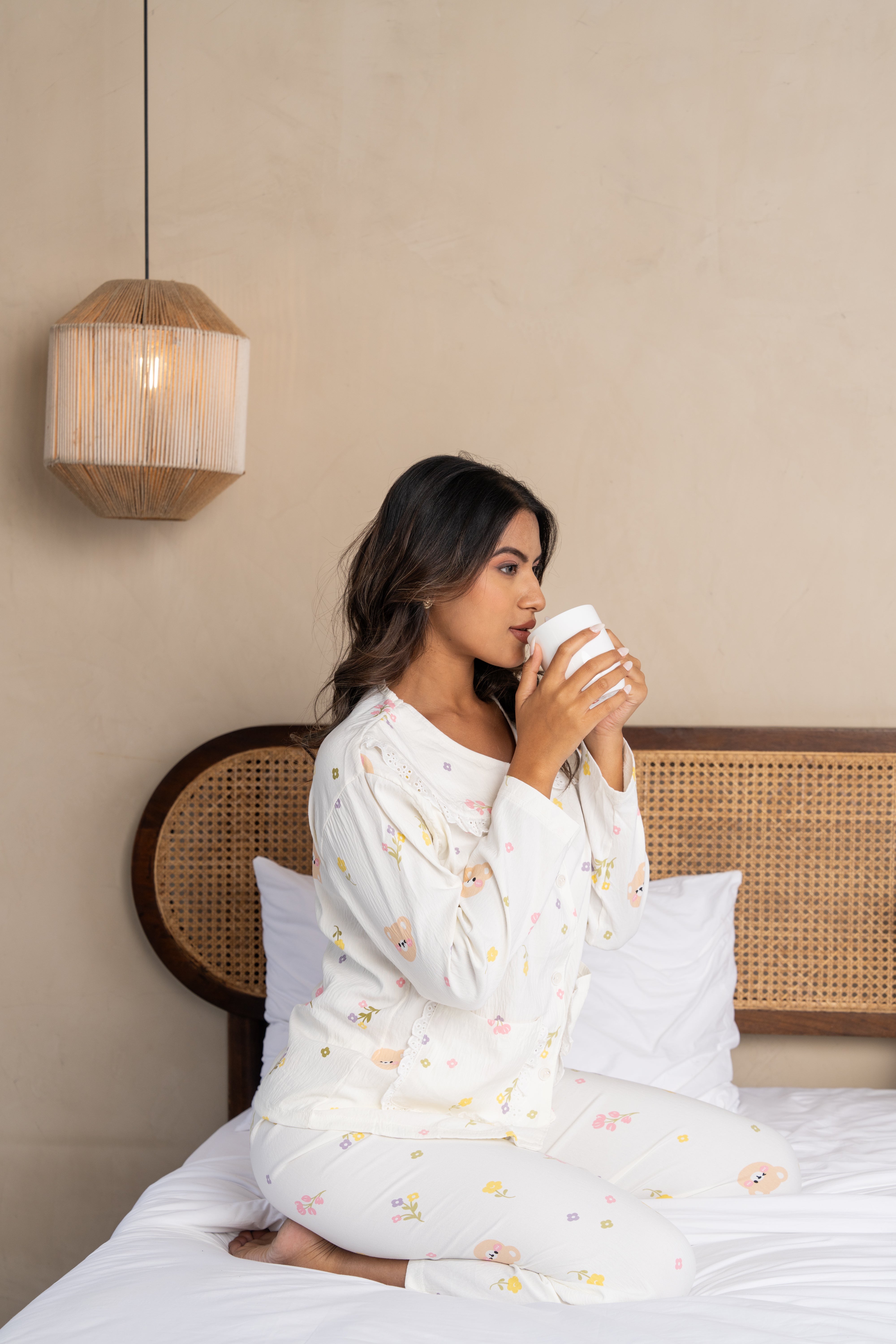 Elowen White Printed Cotton Nightsuit Set (Set of 3) – Playful Comfort Loungewear