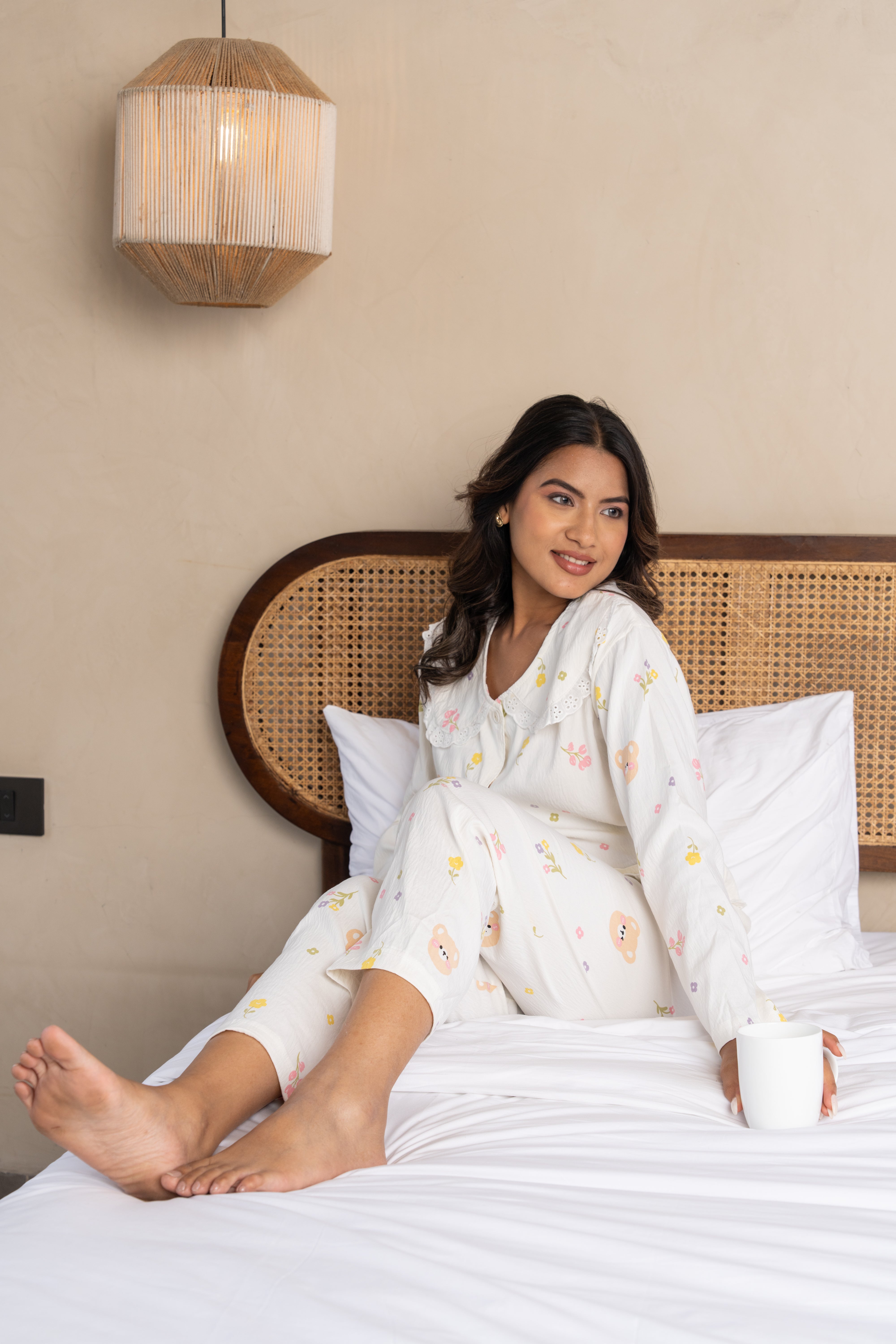Elowen White Printed Cotton Nightsuit Set (Set of 3) – Playful Comfort Loungewear