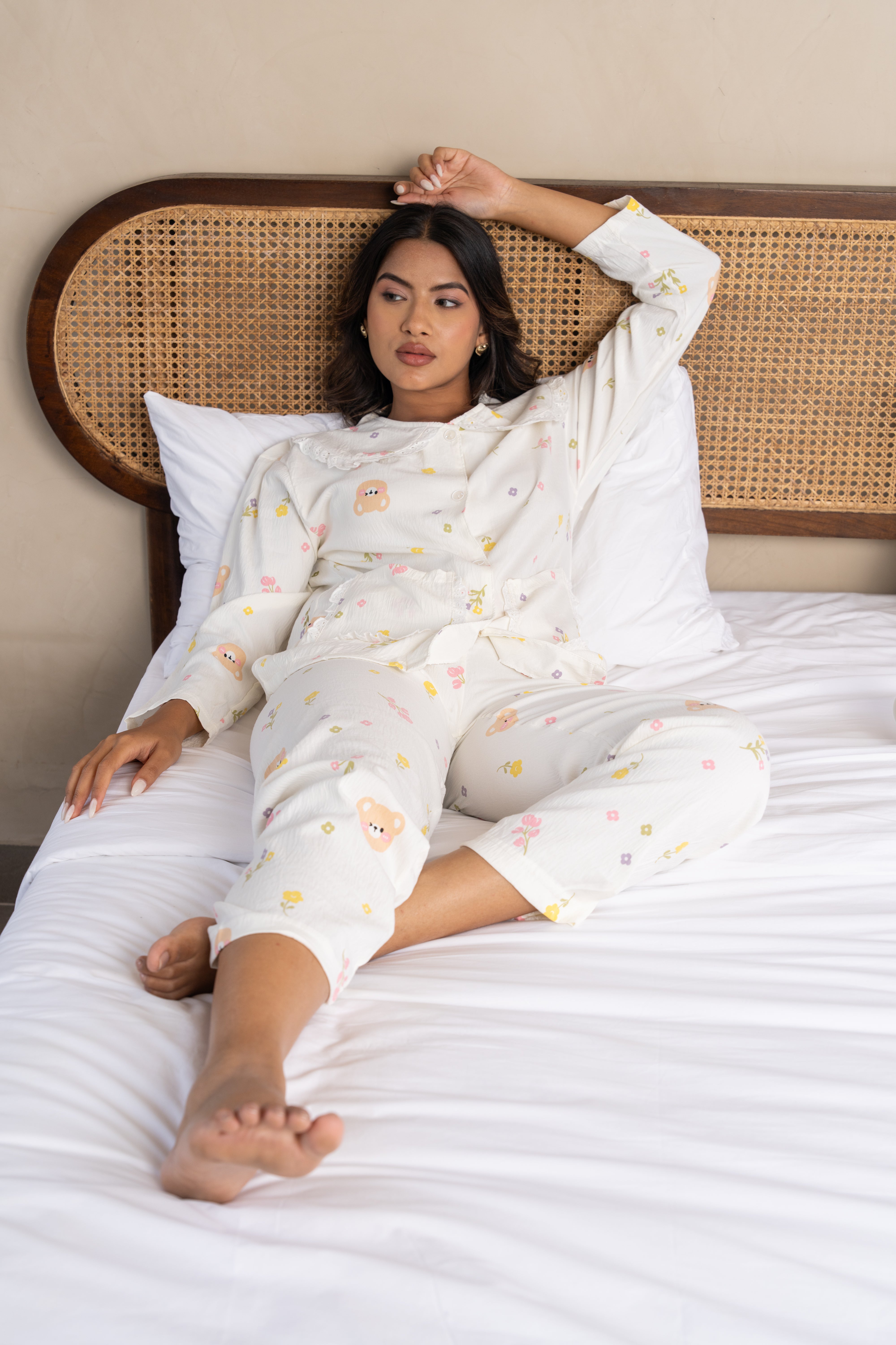 Elowen White Printed Cotton Nightsuit Set (Set of 3) – Playful Comfort Loungewear