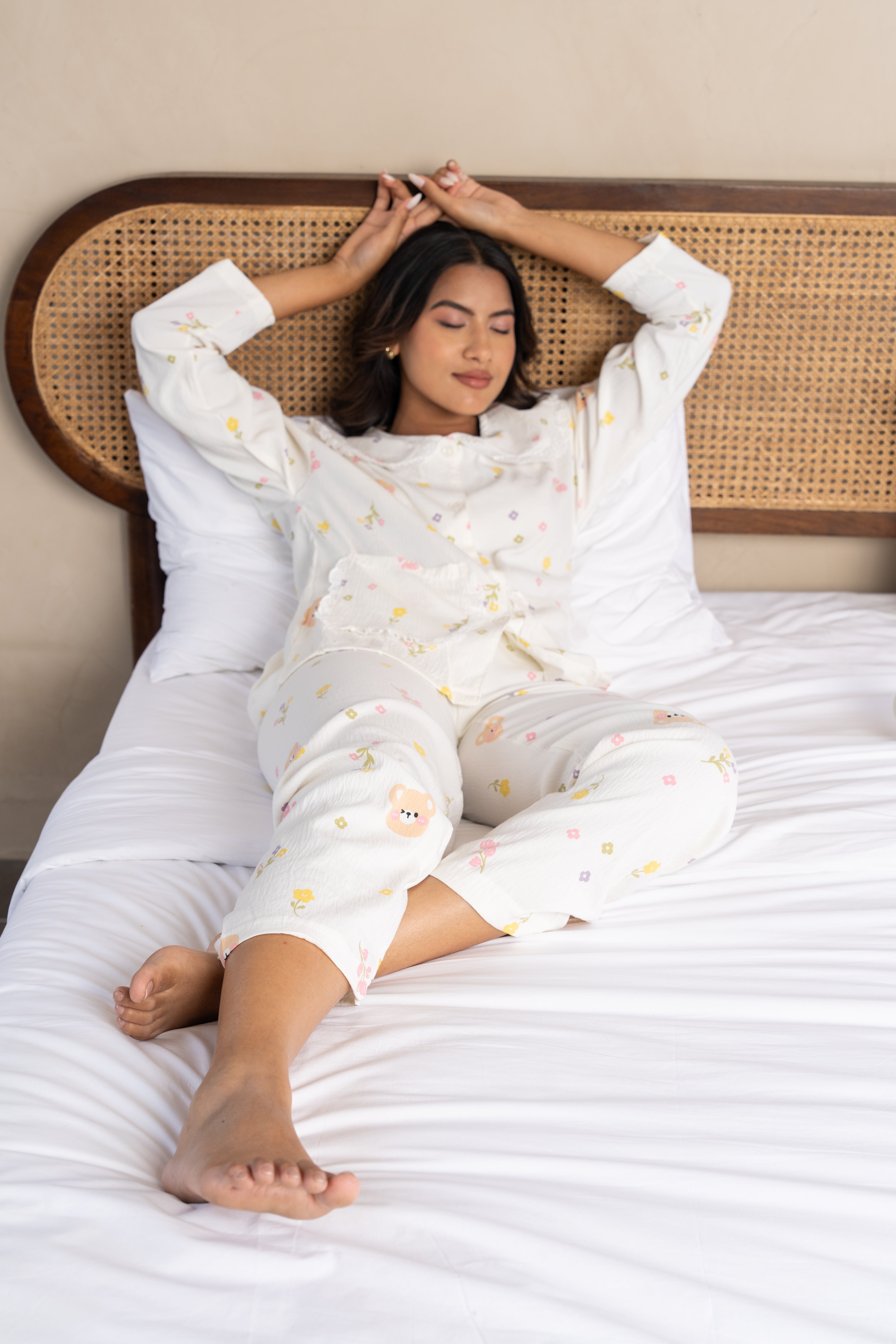Elowen White Printed Cotton Nightsuit Set (Set of 3) – Playful Comfort Loungewear