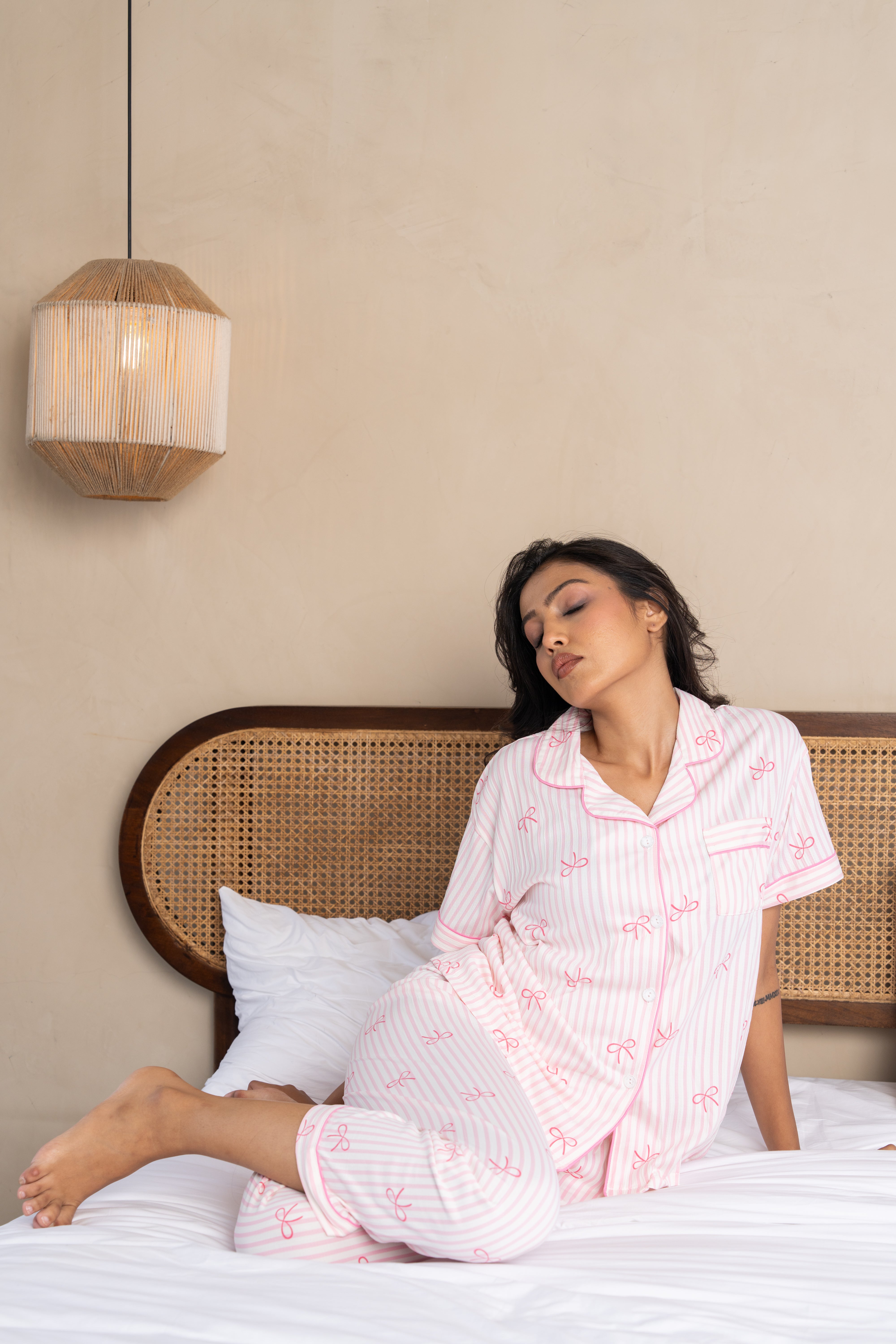 Elara Pink Bow-Print Nightsuit Set – (Set of 3) Playful Comfort Loungewear