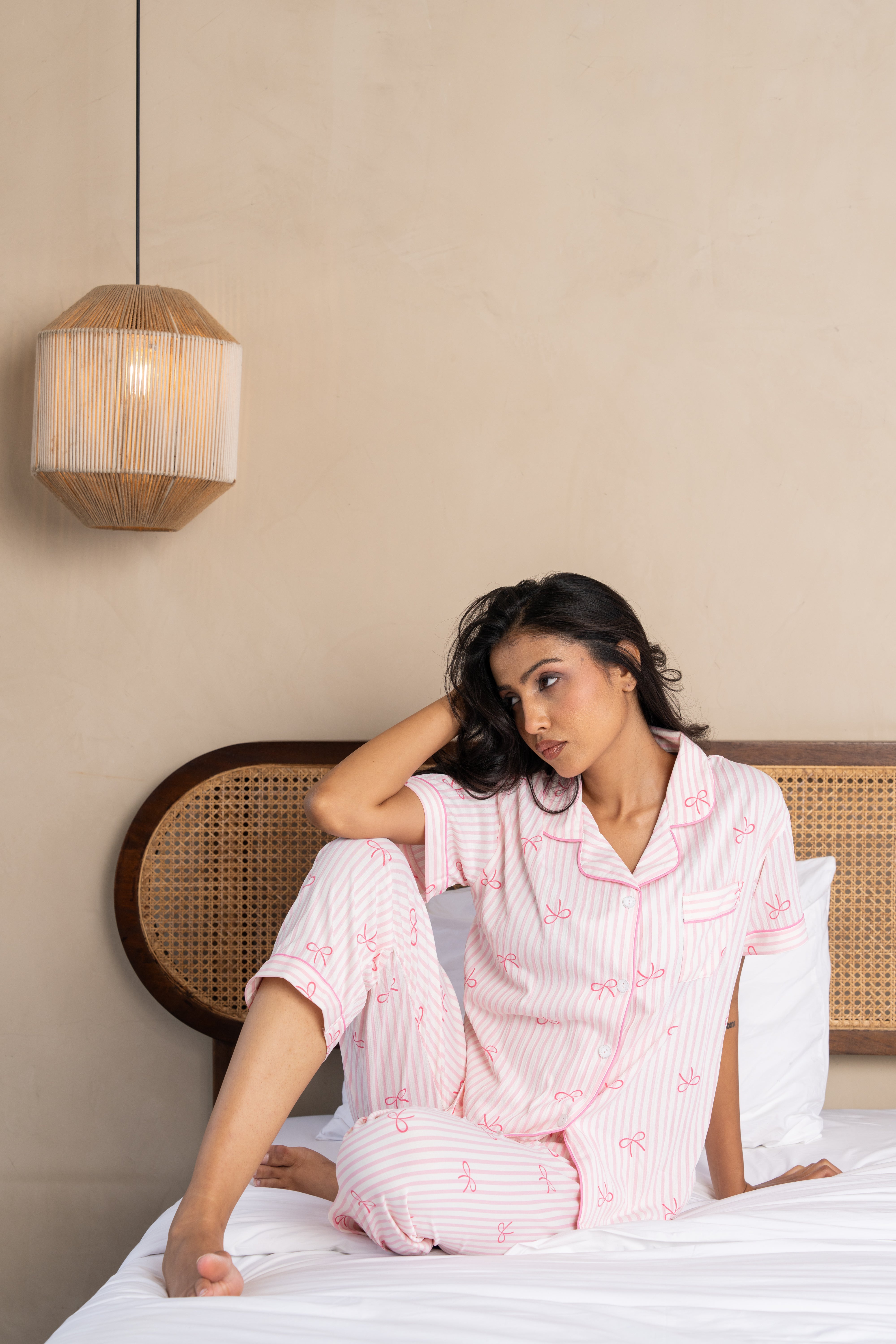 Elara Pink Bow-Print Nightsuit Set – (Set of 3) Playful Comfort Loungewear