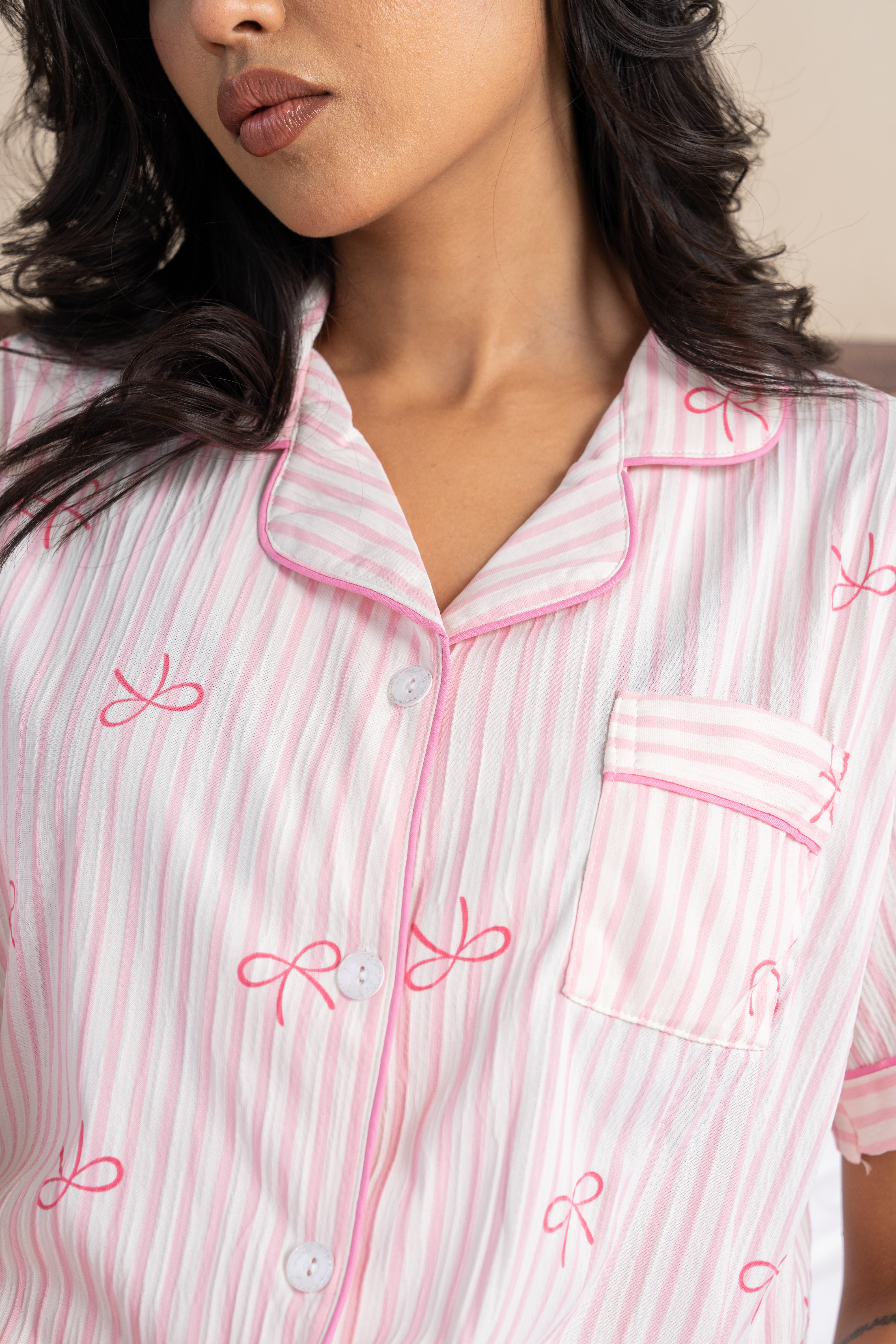 Elara Pink Bow-Print Nightsuit Set – (Set of 3) Playful Comfort Loungewear