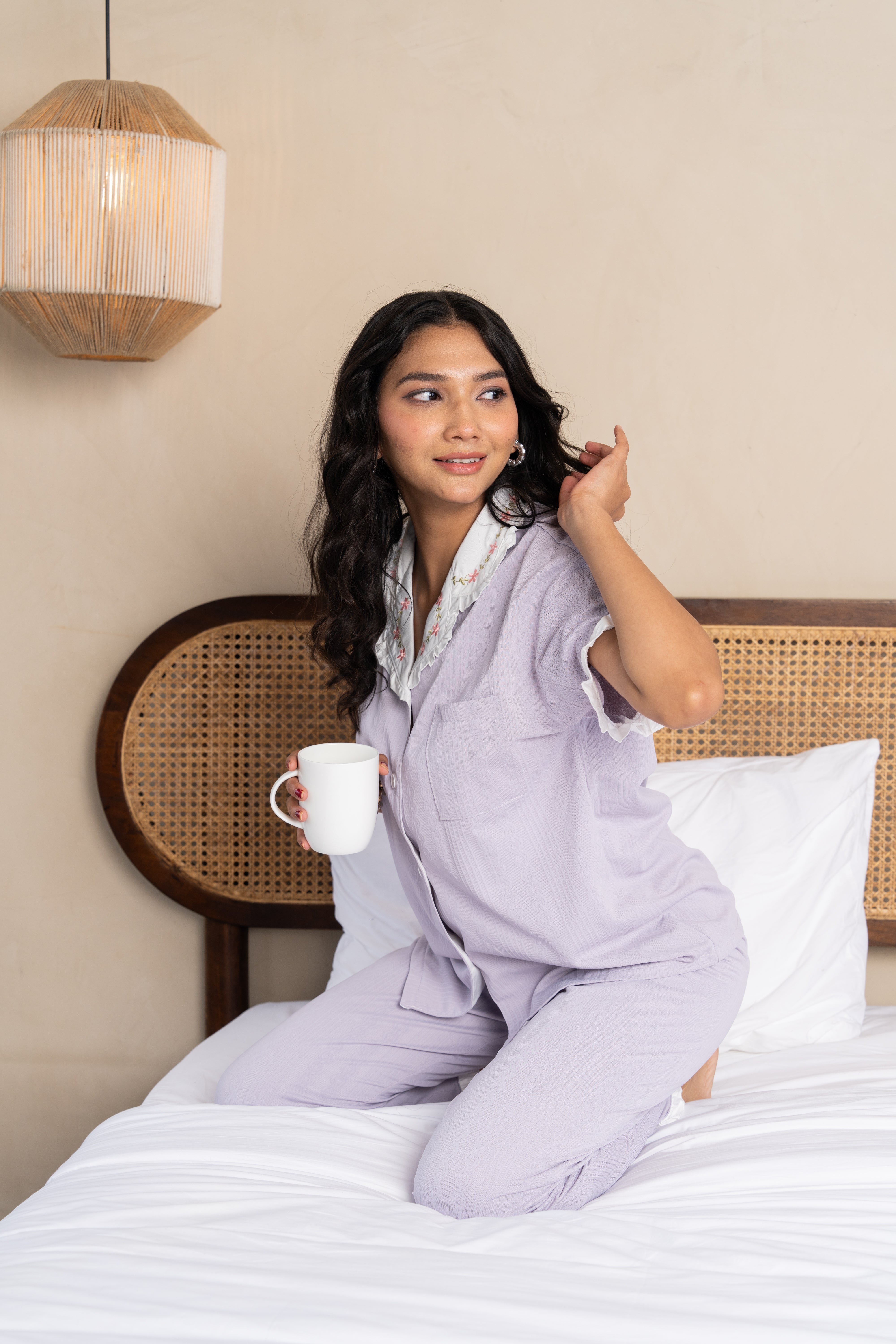 Salish Lavender Embroidered Cotton Nightsuit Set – (Set of 3) Elegant Sleepwear Essential