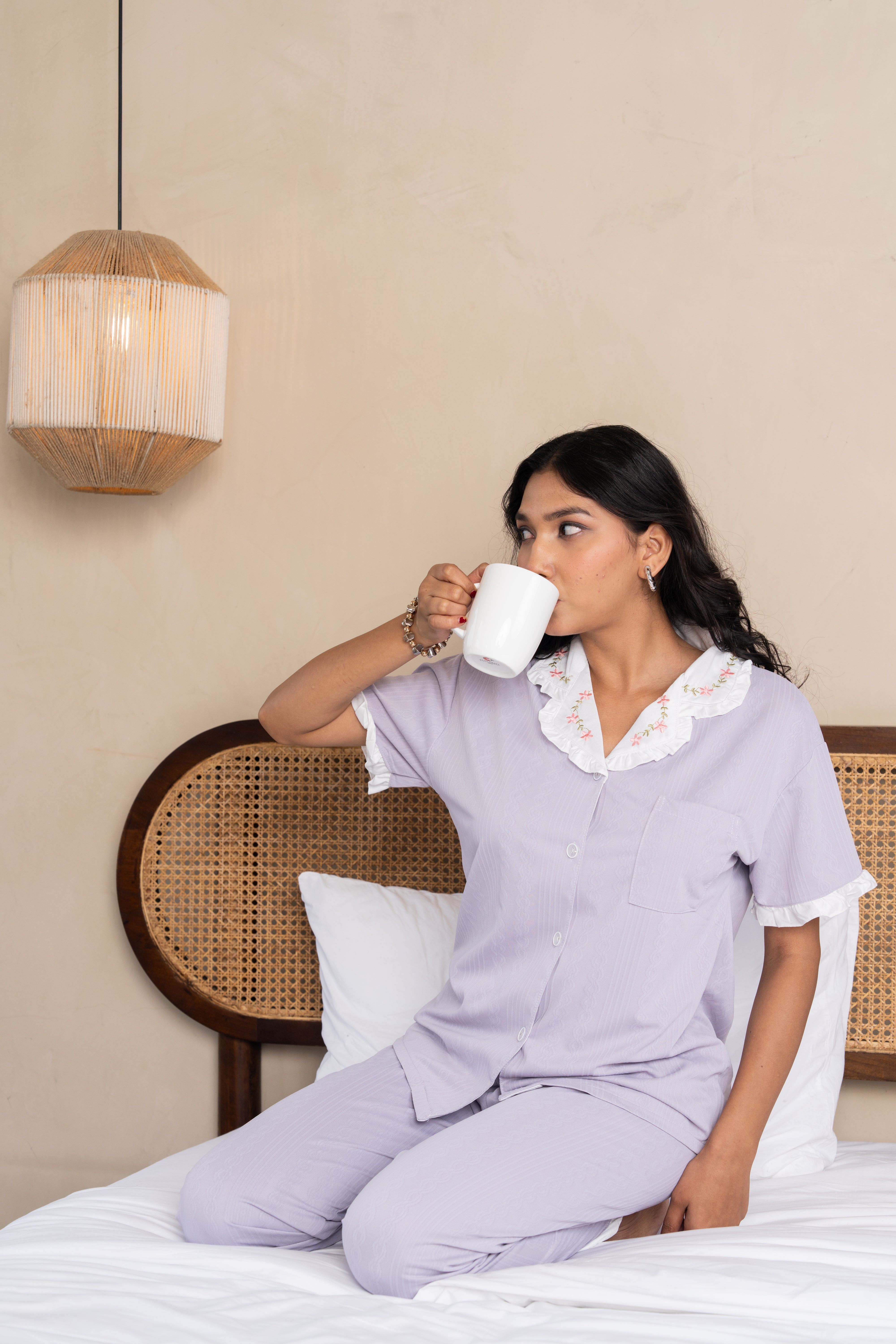 Salish Lavender Embroidered Cotton Nightsuit Set – (Set of 3) Elegant Sleepwear Essential