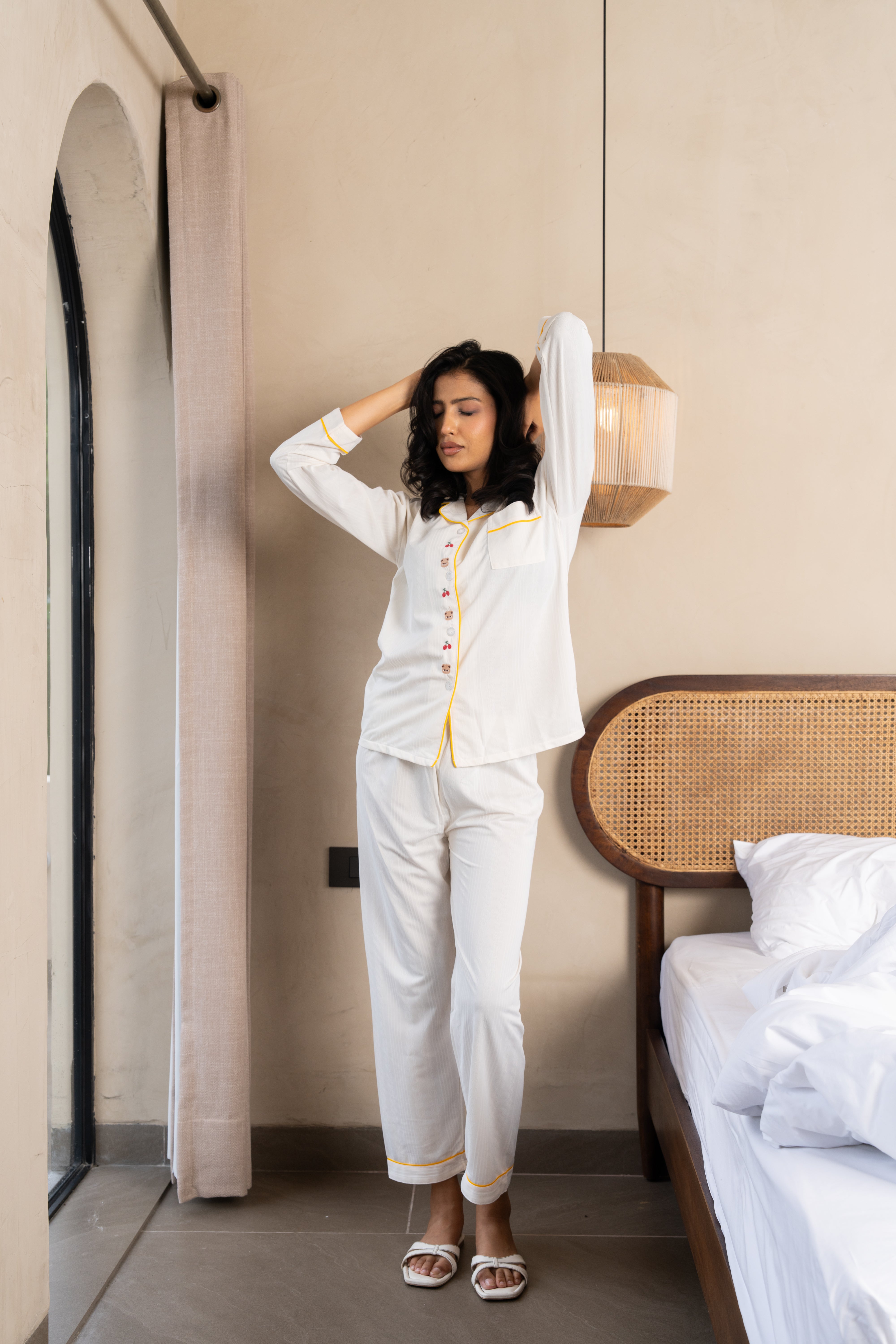 Nova White Cotton Nightsuit Set – (Set of 2) Playful Button Detail Loungewear