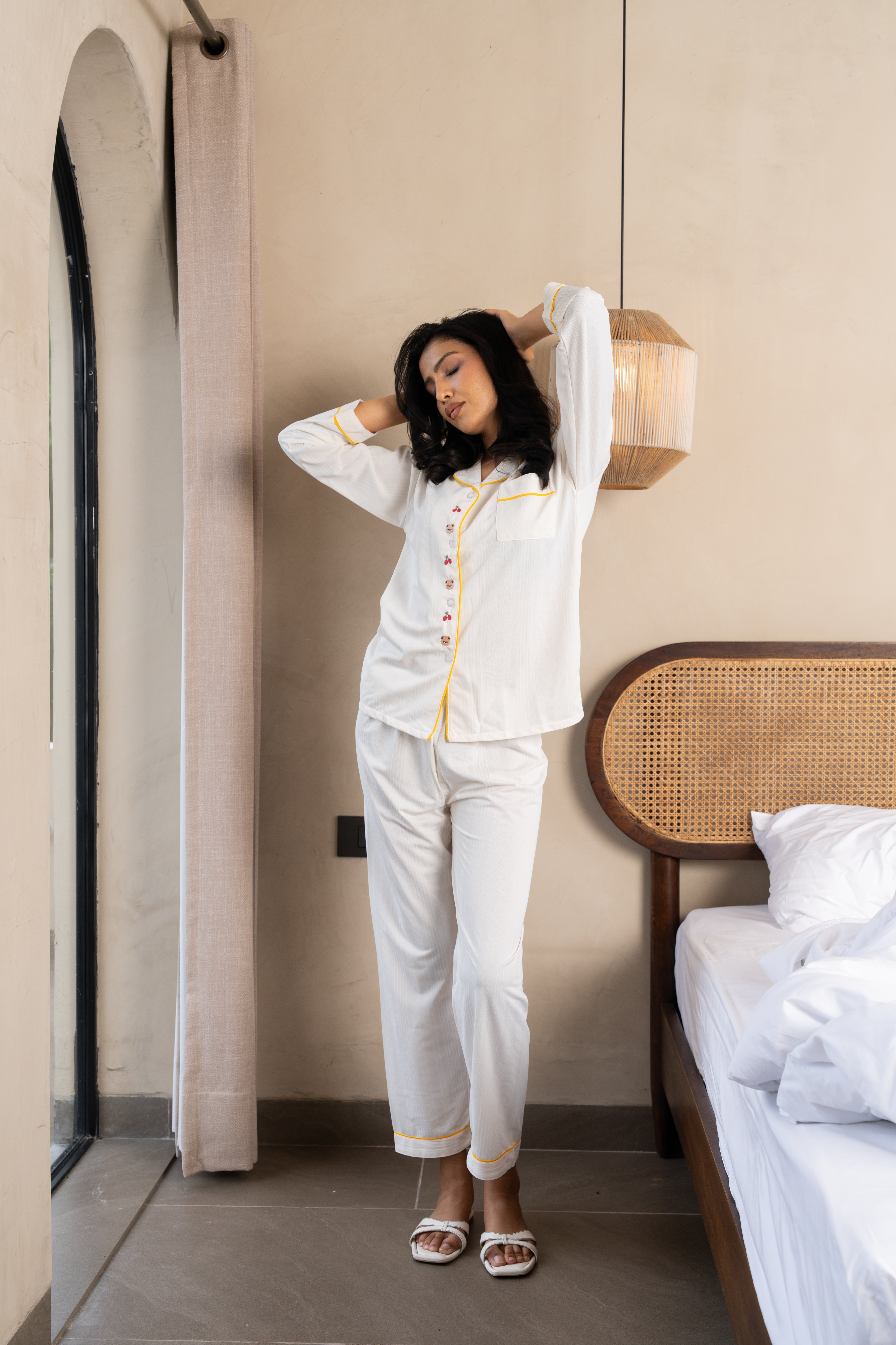 Nova White Cotton Nightsuit Set – (Set of 2) Playful Button Detail Loungewear