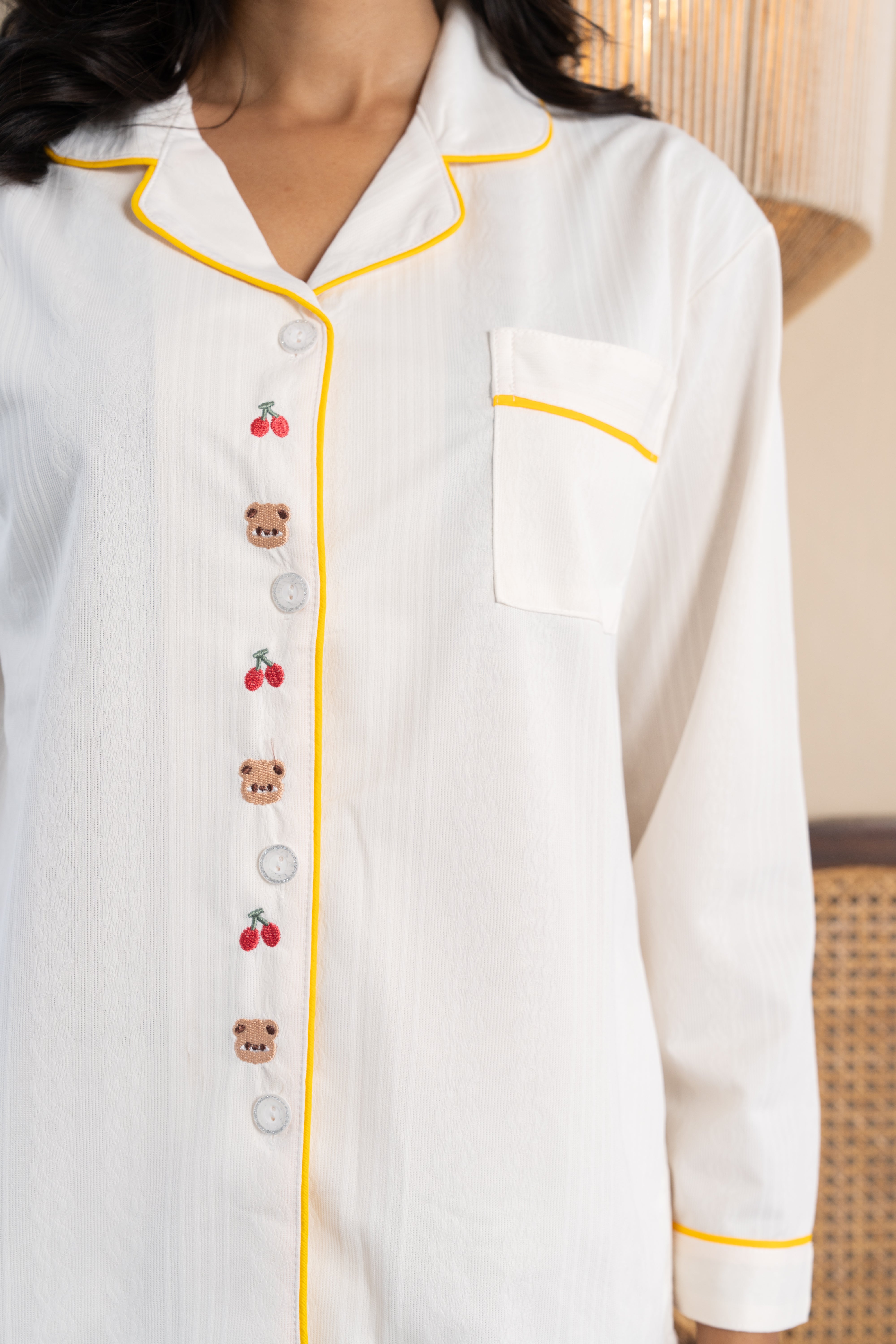 Nova White Cotton Nightsuit Set – (Set of 2) Playful Button Detail Loungewear