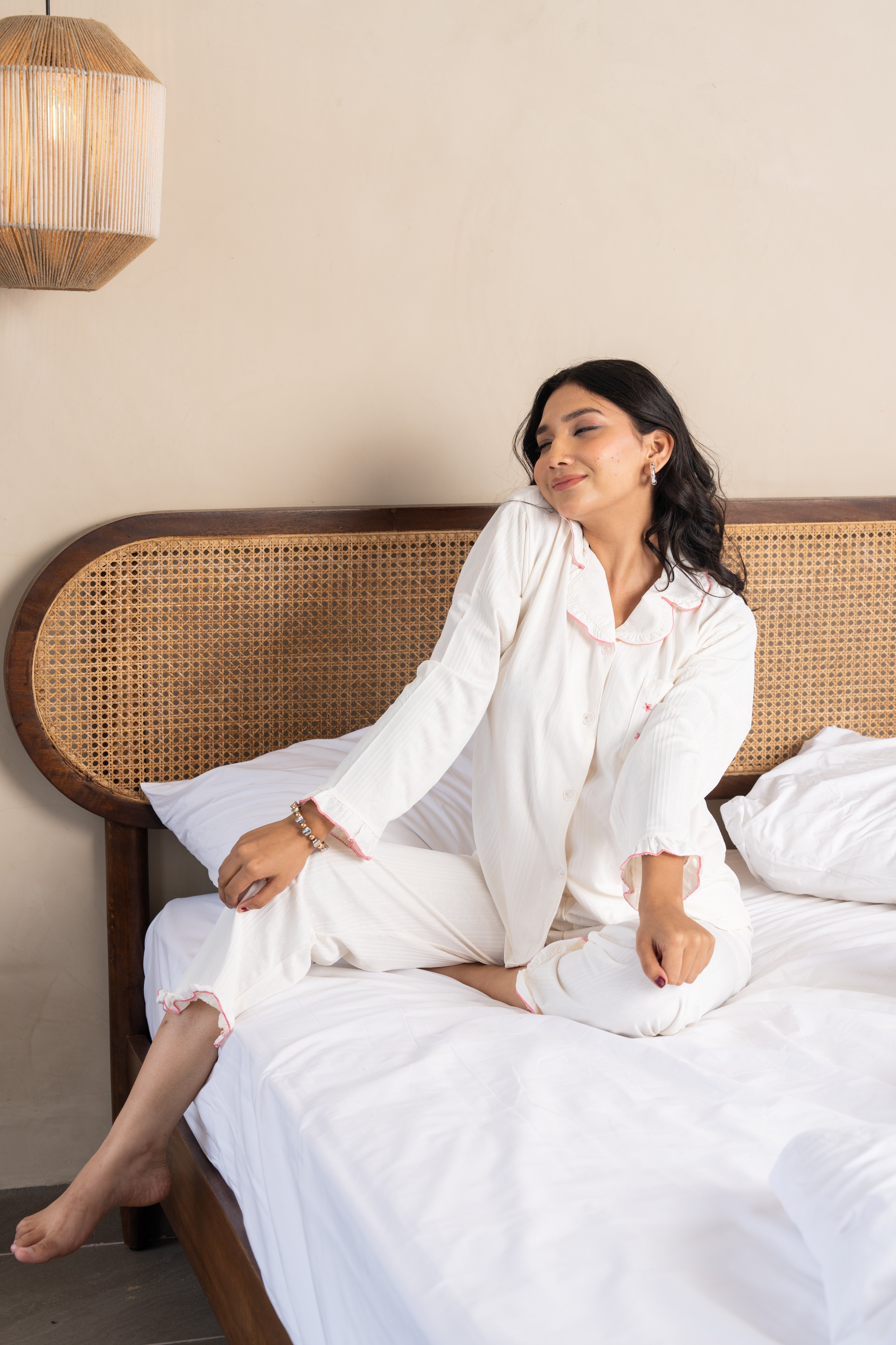 Elise White Lotus Embroidered Nightsuit Set ( Set of 2) – Delicate Cotton Loungewear