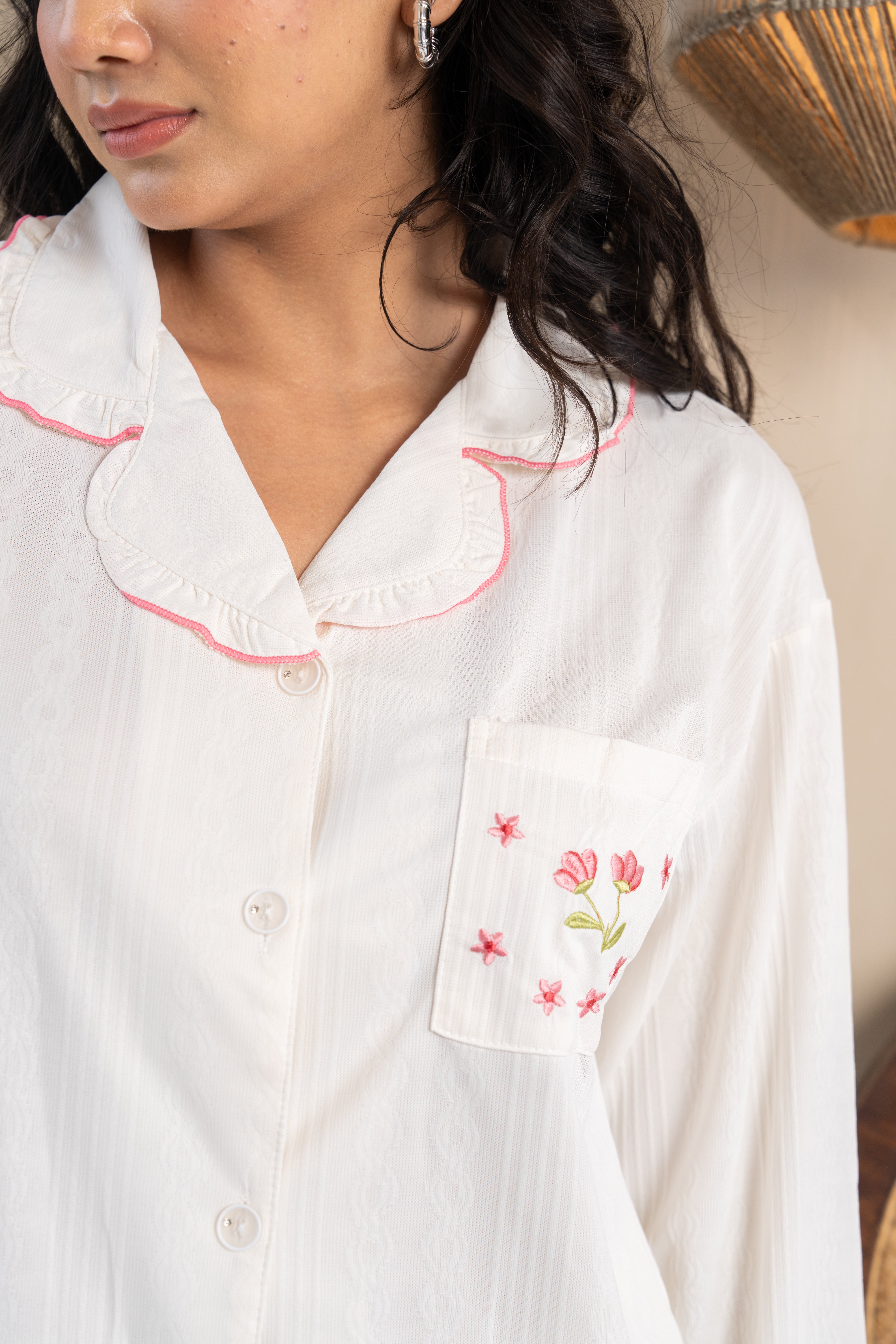 Elise White Lotus Embroidered Nightsuit Set ( Set of 2) – Delicate Cotton Loungewear