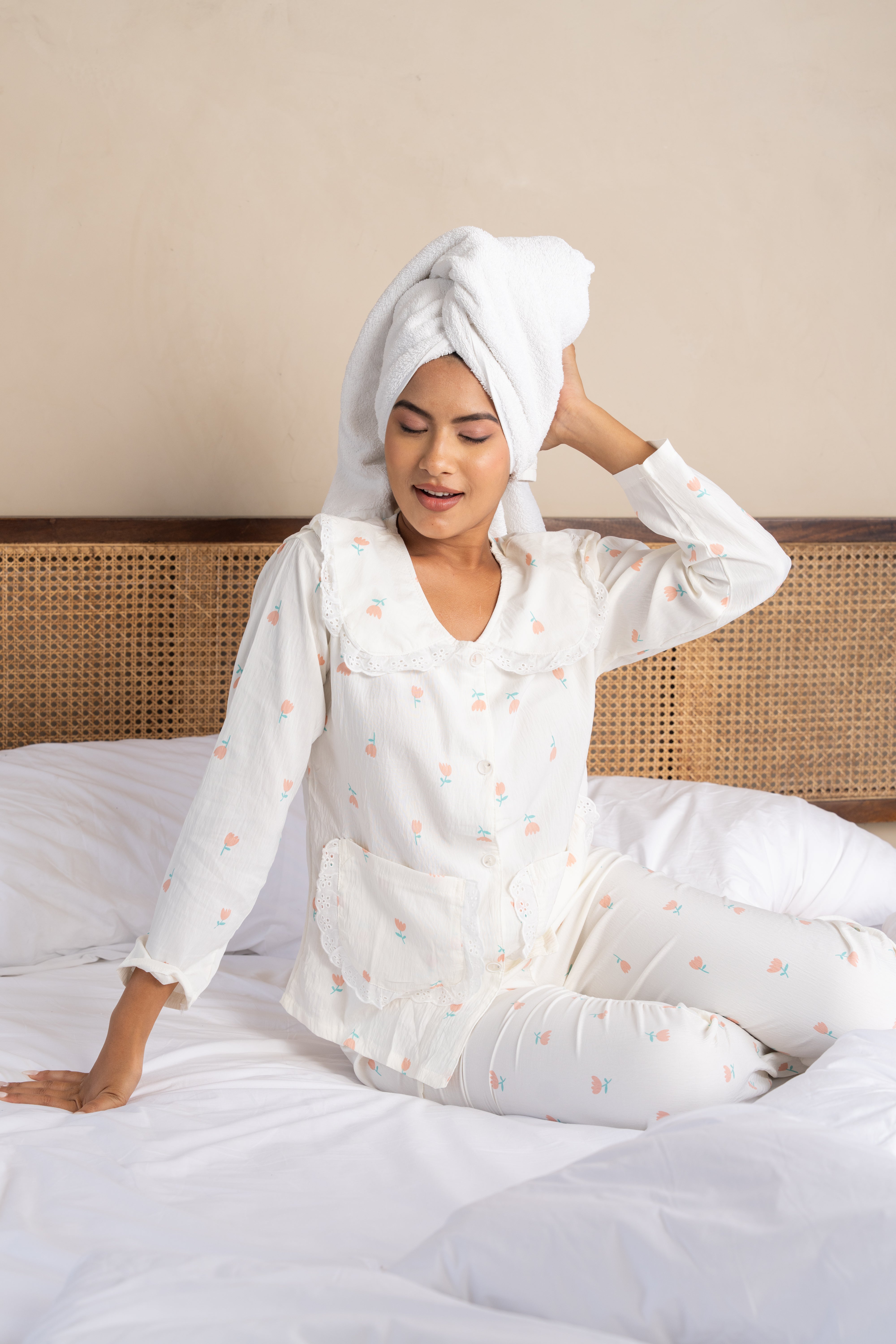 Daisy White Floral Nightsuit Set – ( Set of 2) Playful Cotton Loungewear