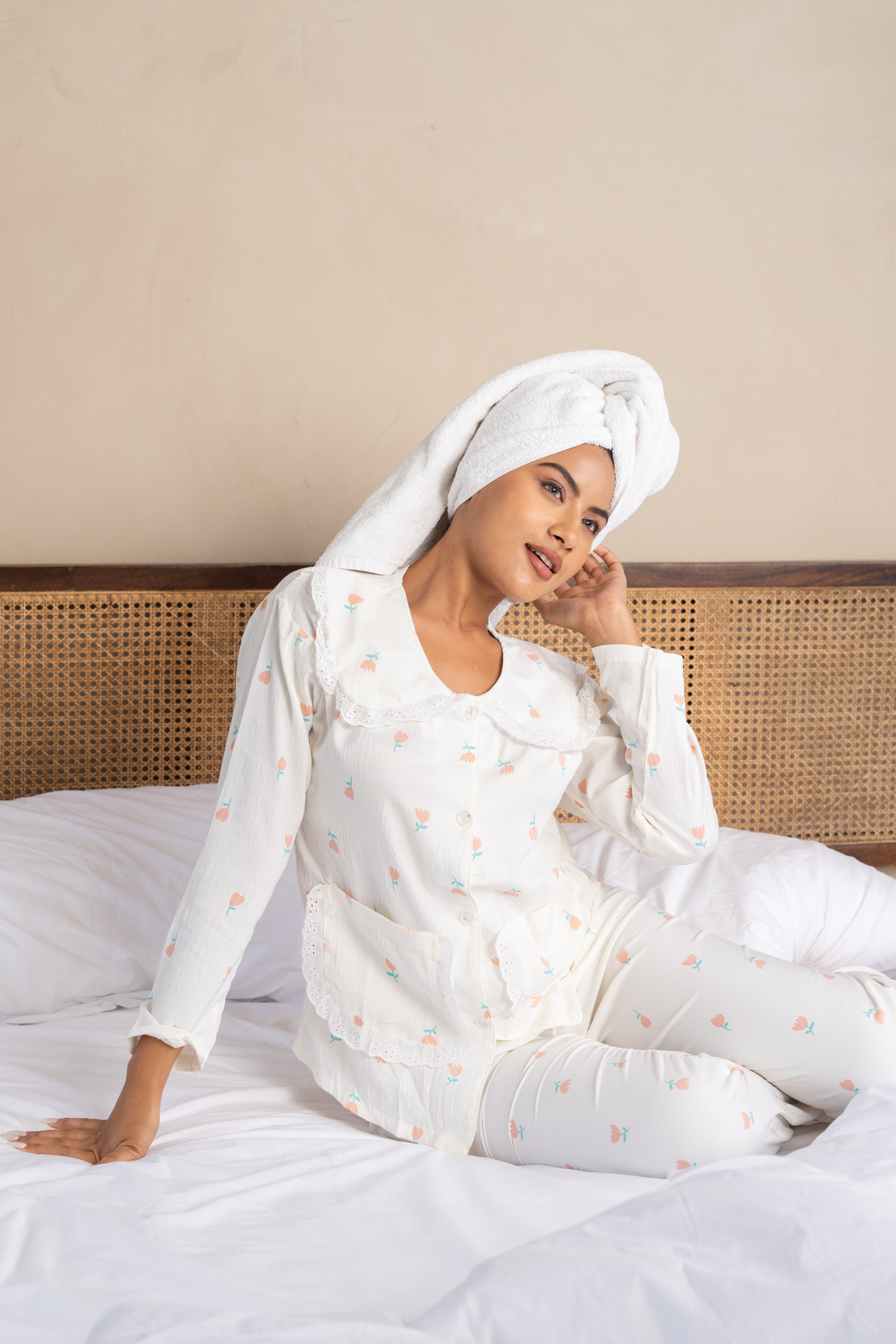 Daisy White Floral Nightsuit Set – ( Set of 2) Playful Cotton Loungewear