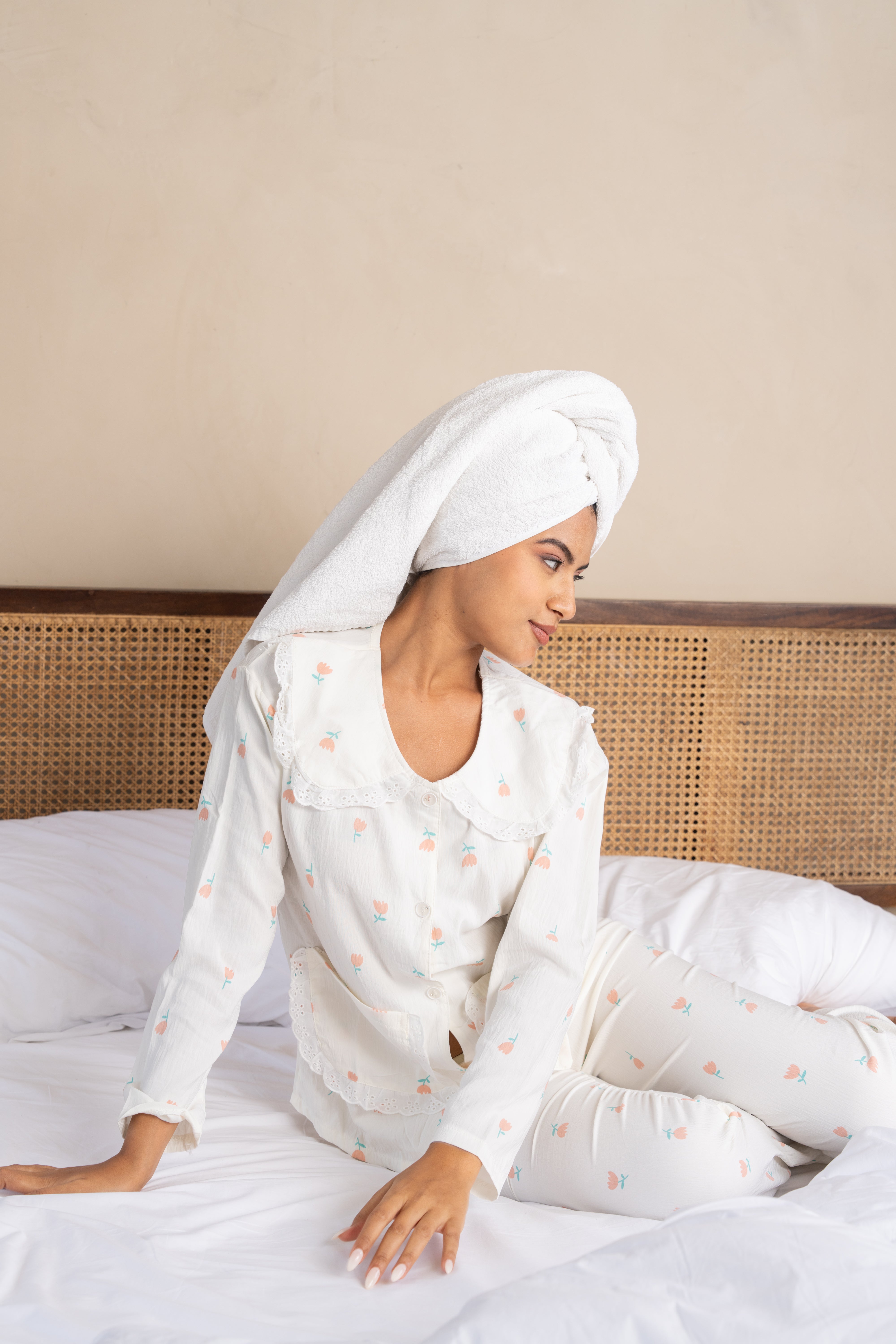 Daisy White Floral Nightsuit Set – ( Set of 2) Playful Cotton Loungewear