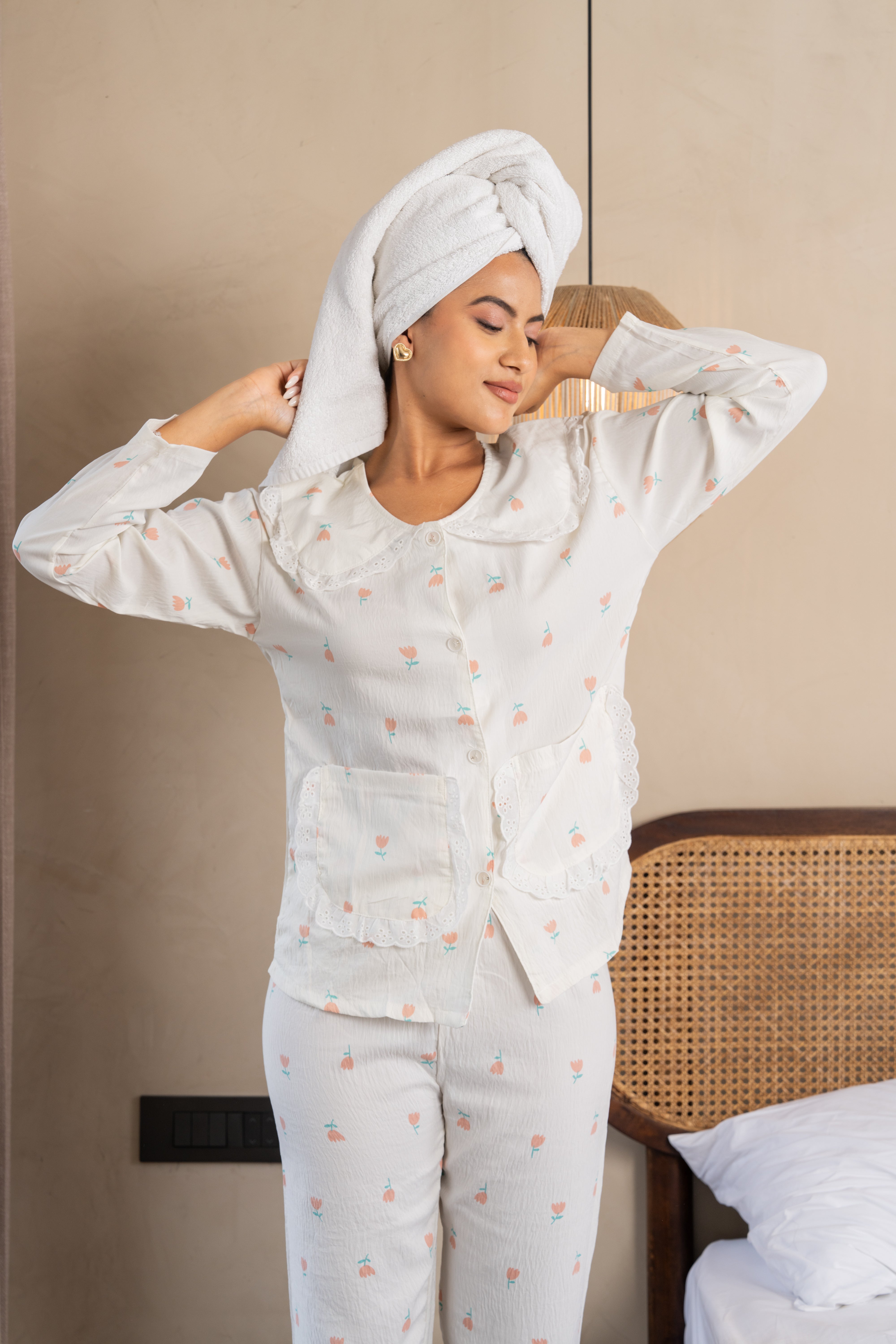 Daisy White Floral Nightsuit Set – ( Set of 2) Playful Cotton Loungewear