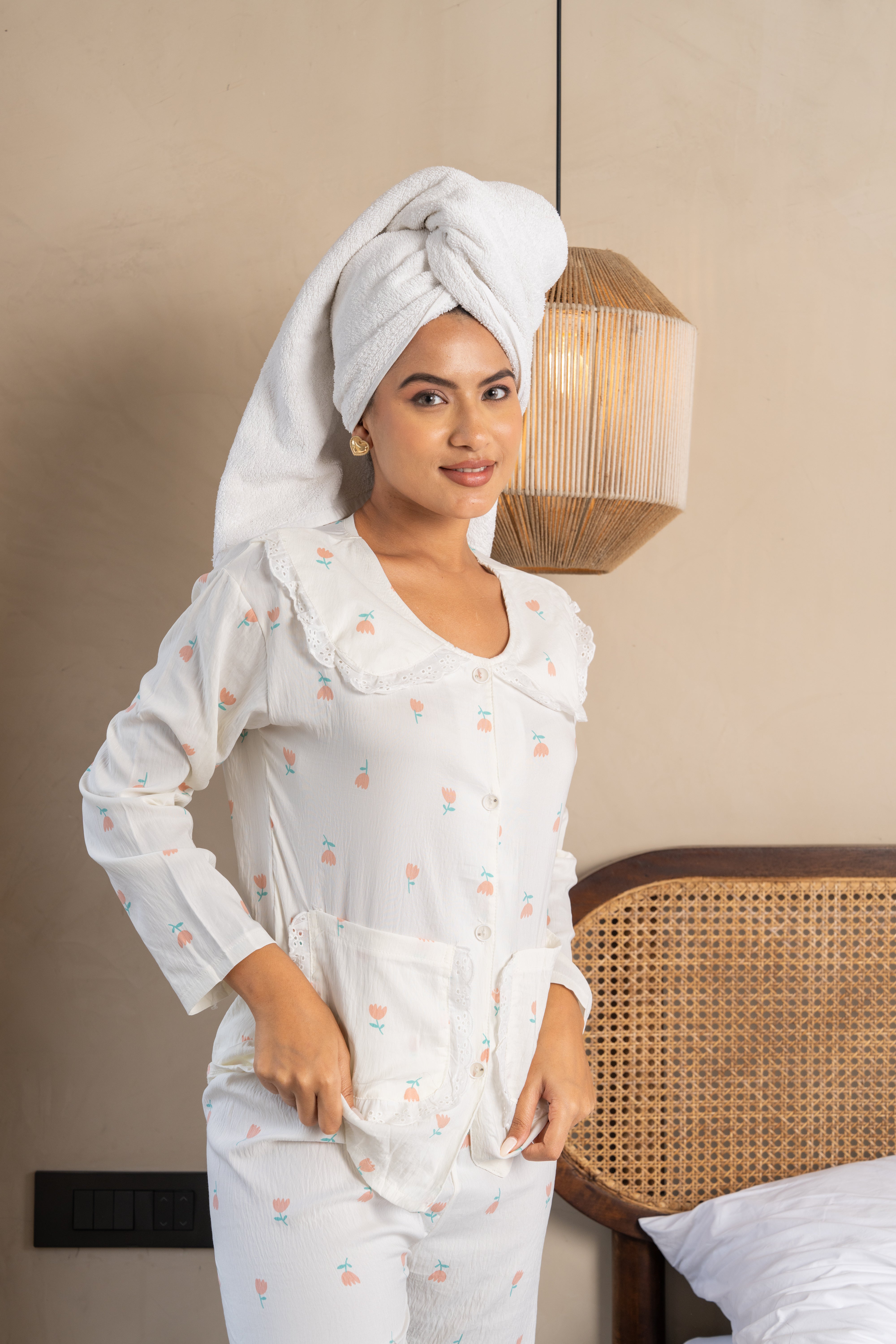 Daisy White Floral Nightsuit Set – ( Set of 2) Playful Cotton Loungewear