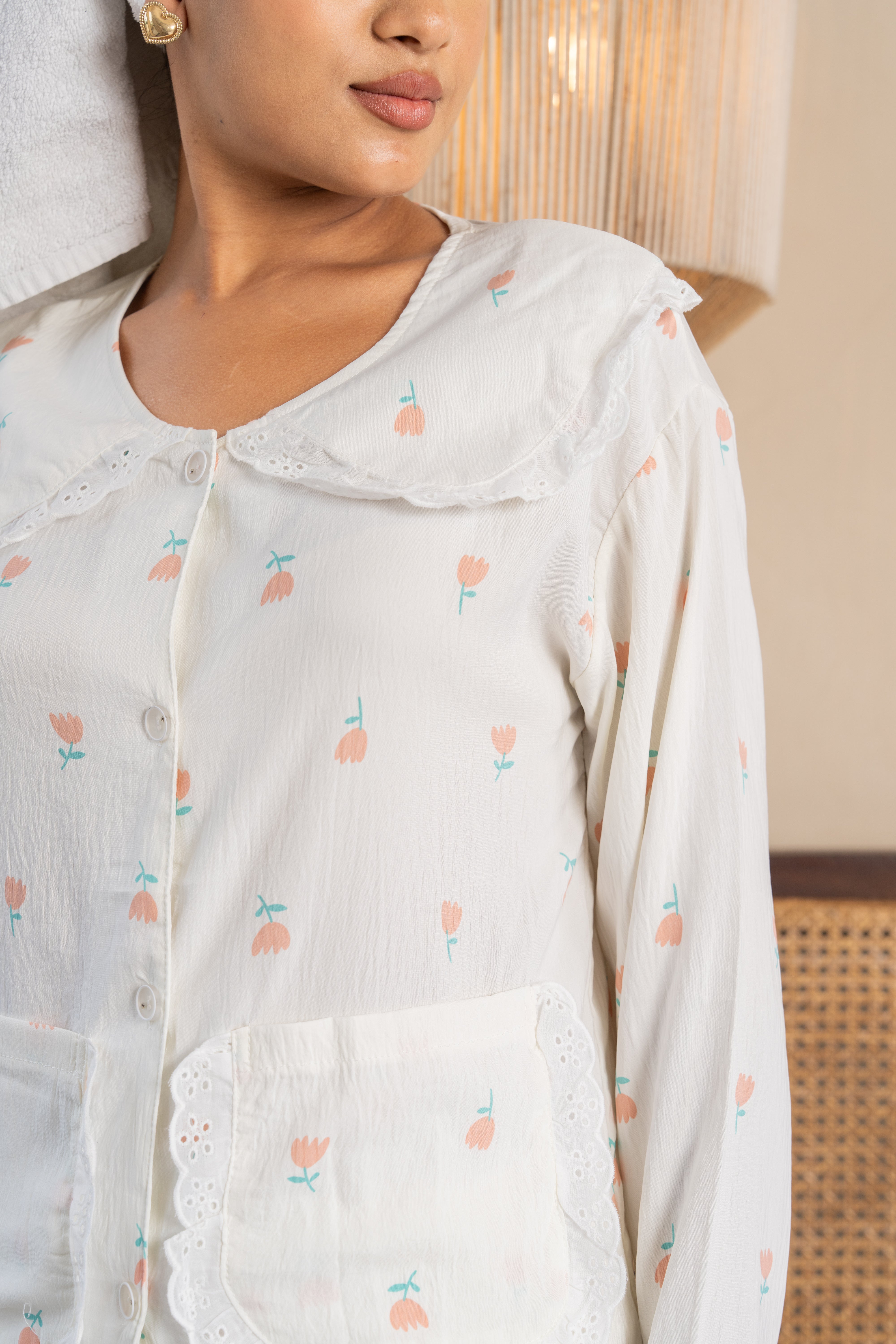 Daisy White Floral Nightsuit Set – ( Set of 2) Playful Cotton Loungewear