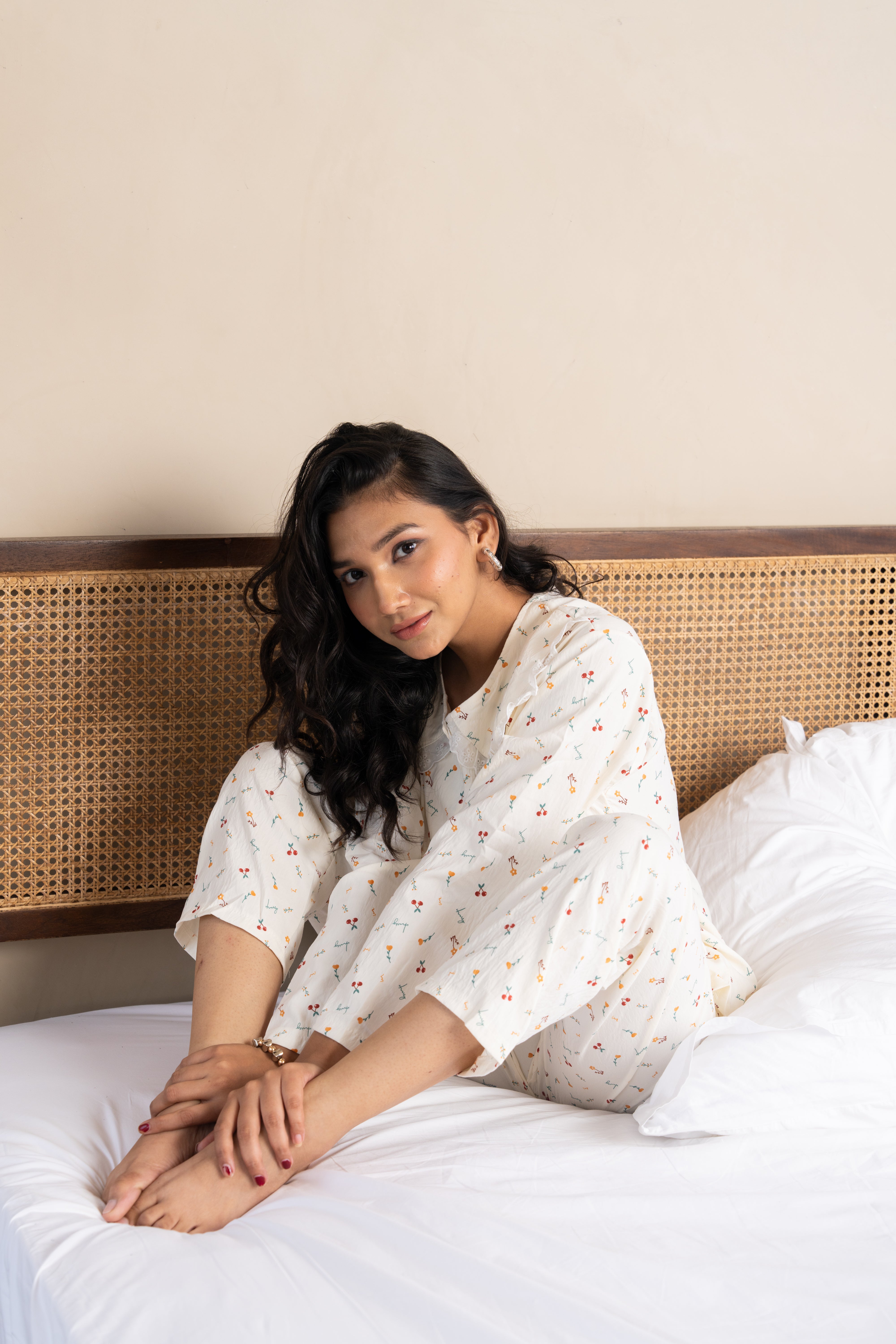 Dawny Cream Blossom Nightsuit Set – (Set of 2) Dreamy Floral Loungewear