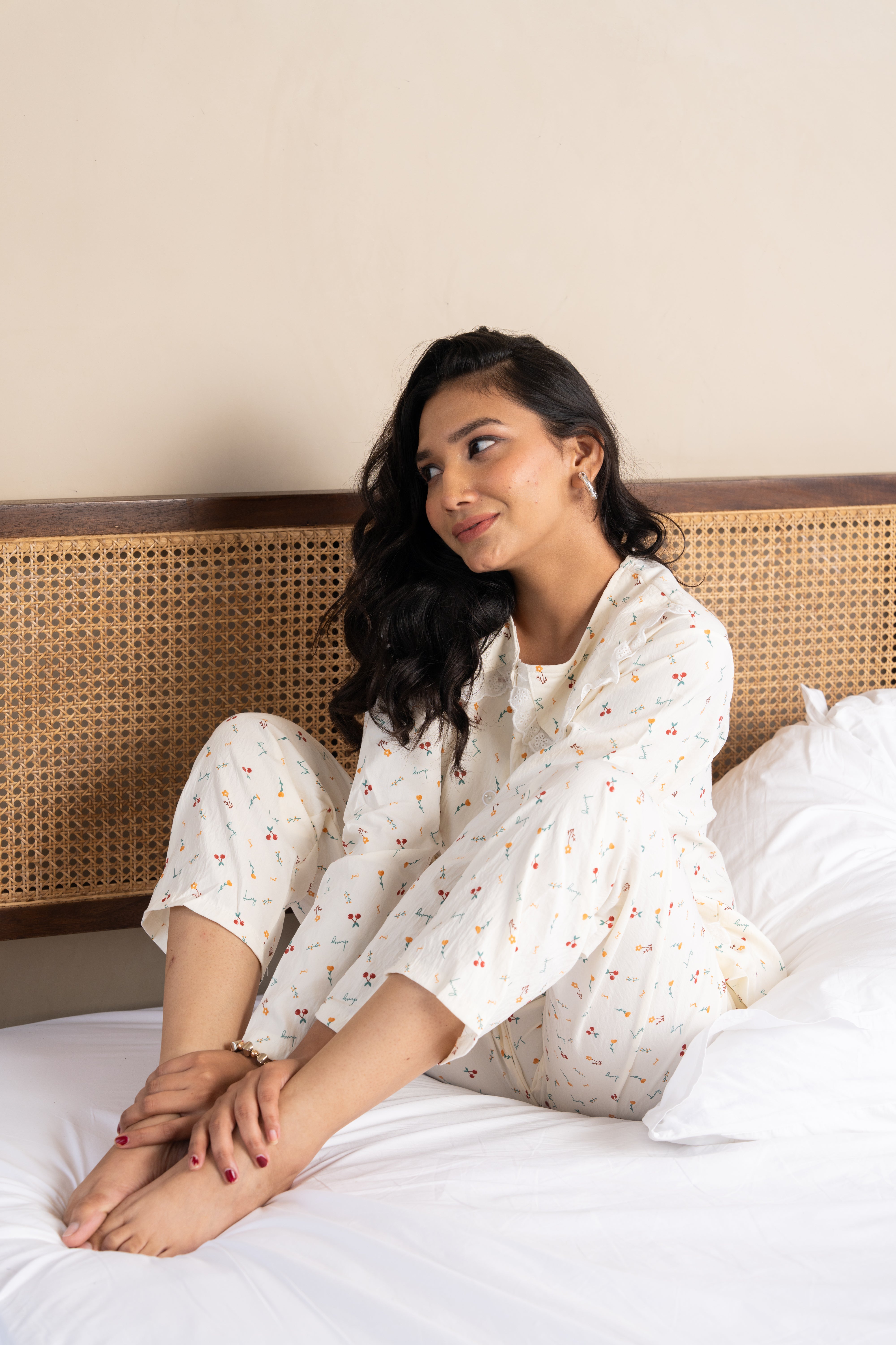 Dawny Cream Blossom Nightsuit Set – (Set of 2) Dreamy Floral Loungewear