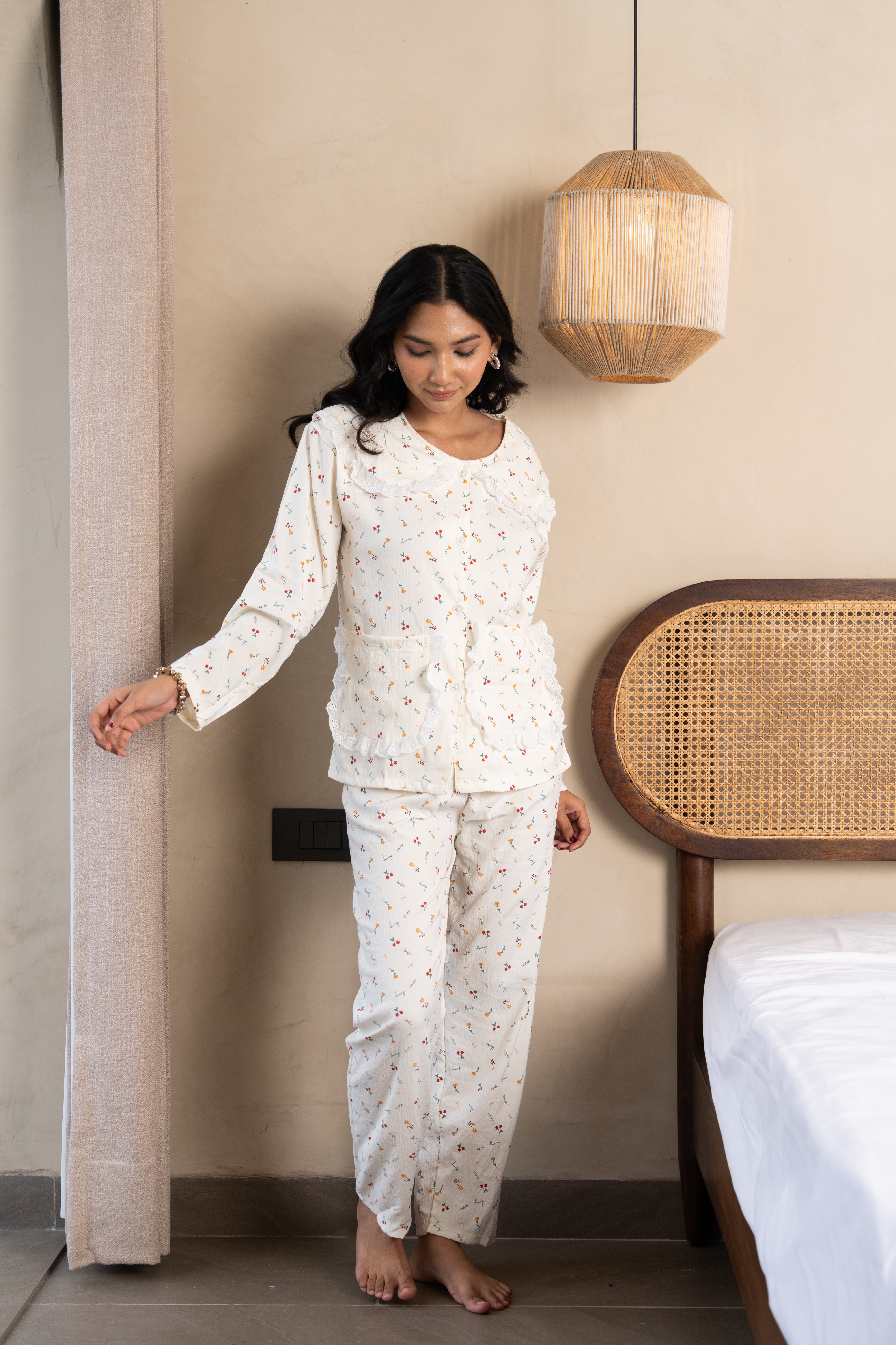 Dawny Cream Blossom Nightsuit Set – (Set of 2) Dreamy Floral Loungewear