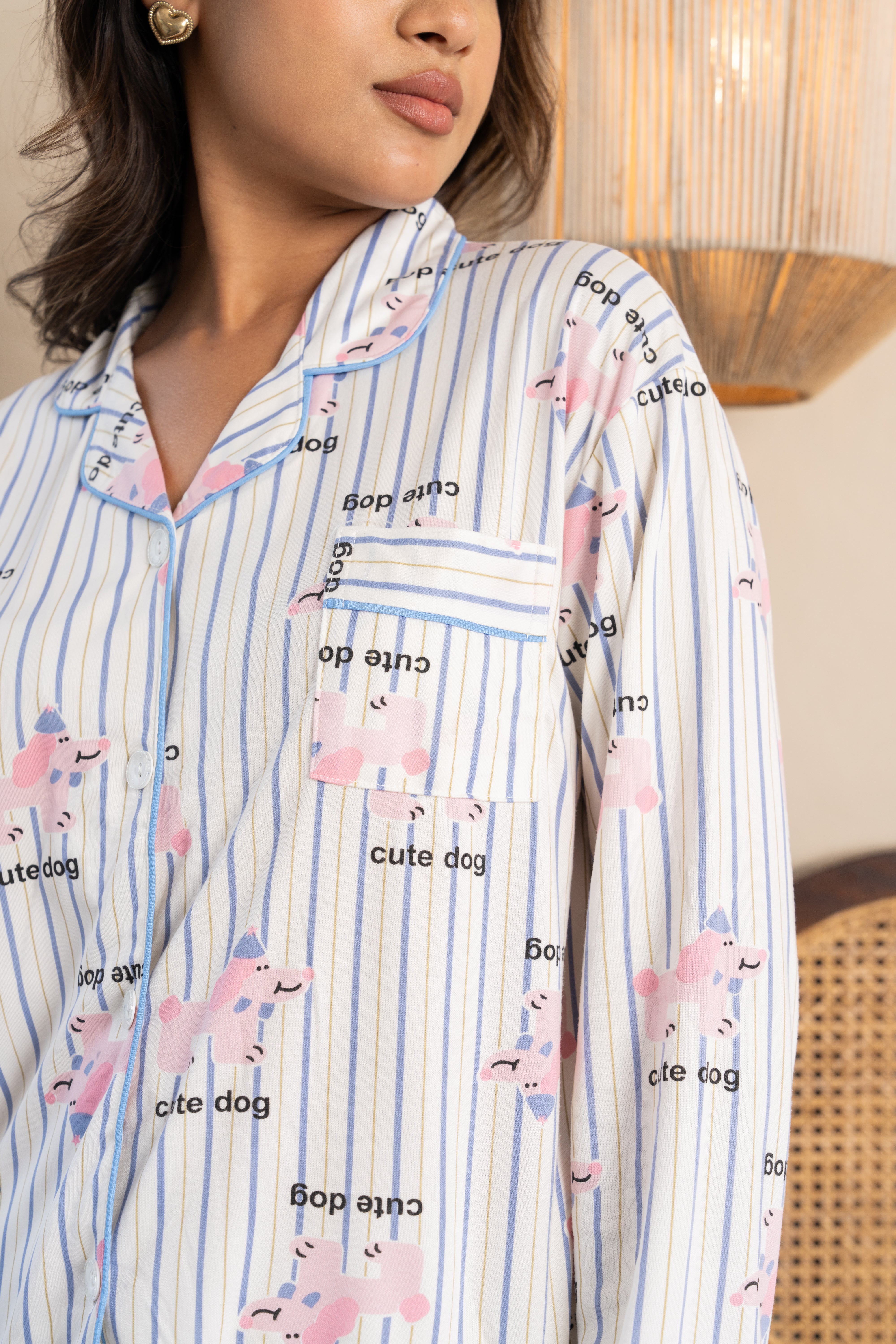 Poppy Pup Striped Nightsuit Set – (Set of 2) Cute Dog Print Loungewear