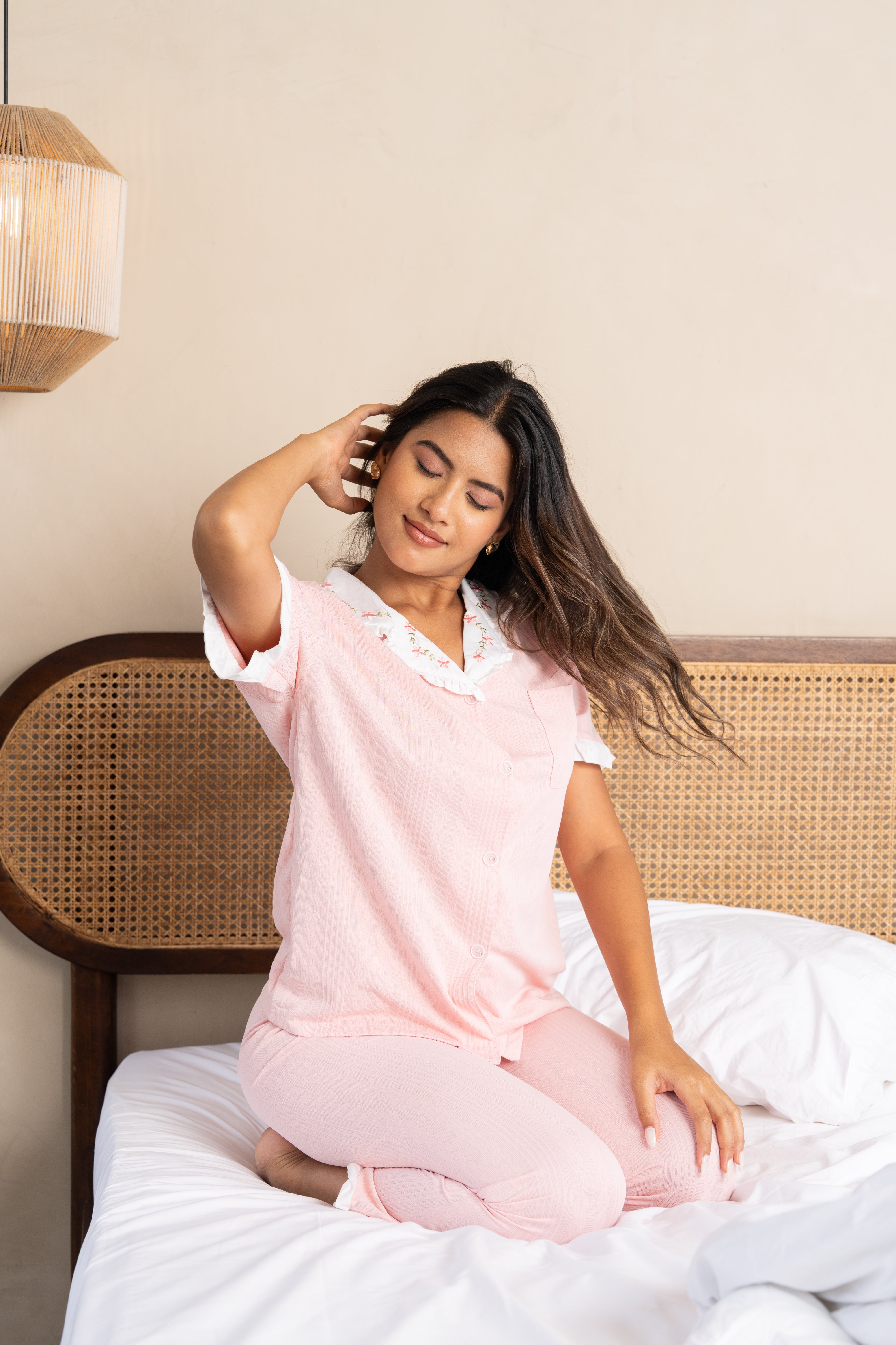 Rose Dawn Pink Cotton Nightsuit-(Set of 3) – Sweet Comfort Loungewear