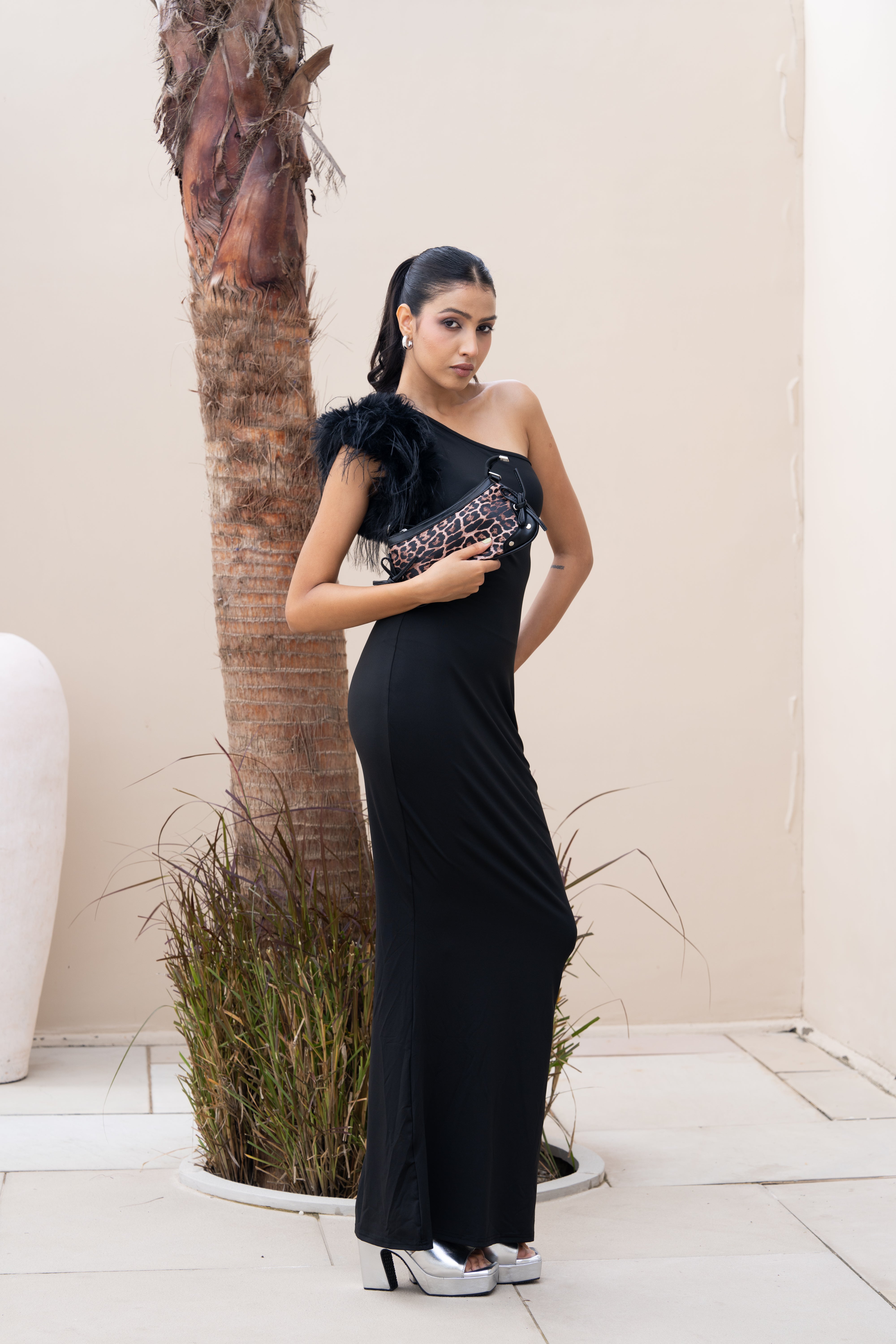 Black One Shoulder Feather Detail Maxi Gown – Designer Partywear Dress