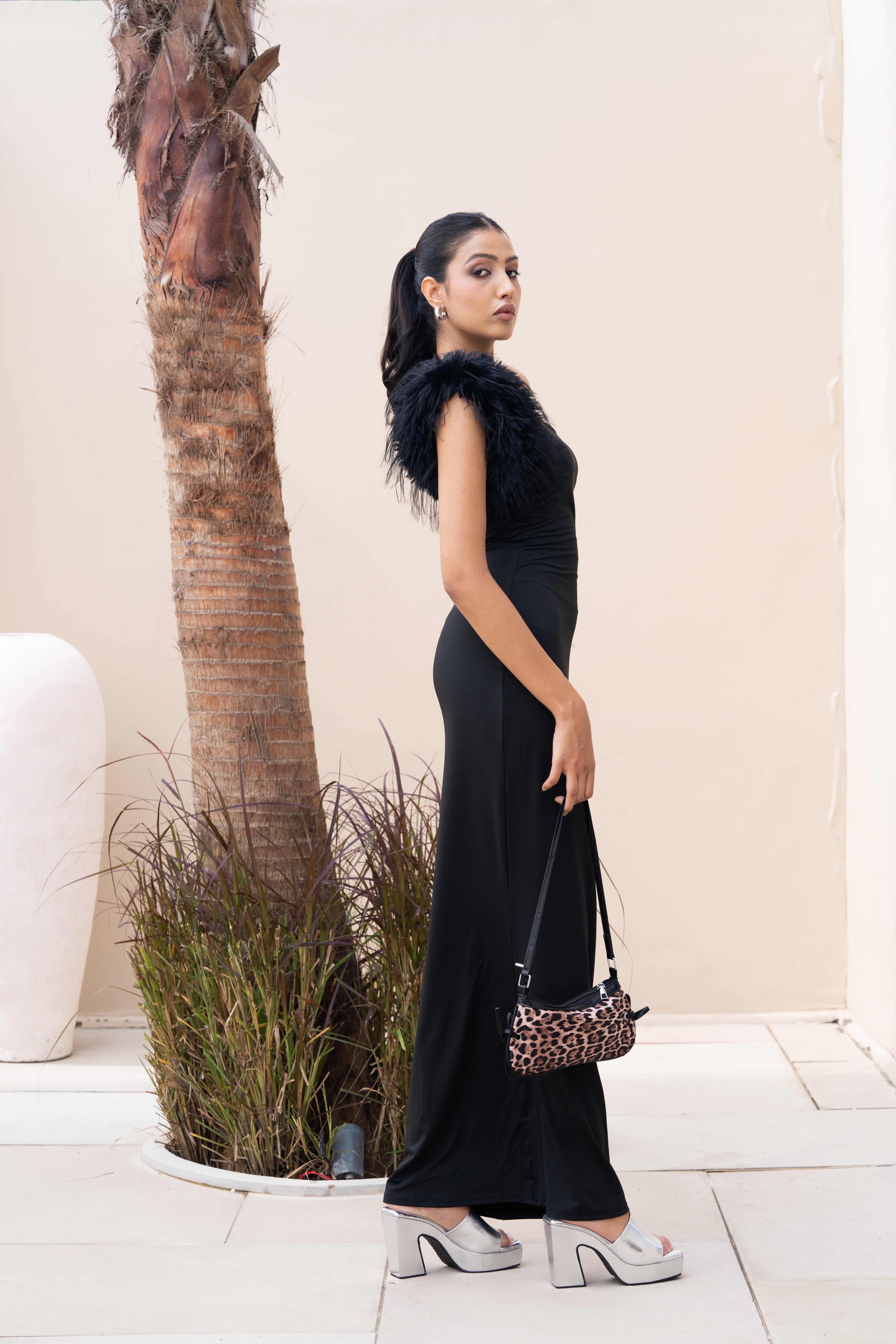 Black One Shoulder Feather Detail Maxi Gown – Designer Partywear Dress