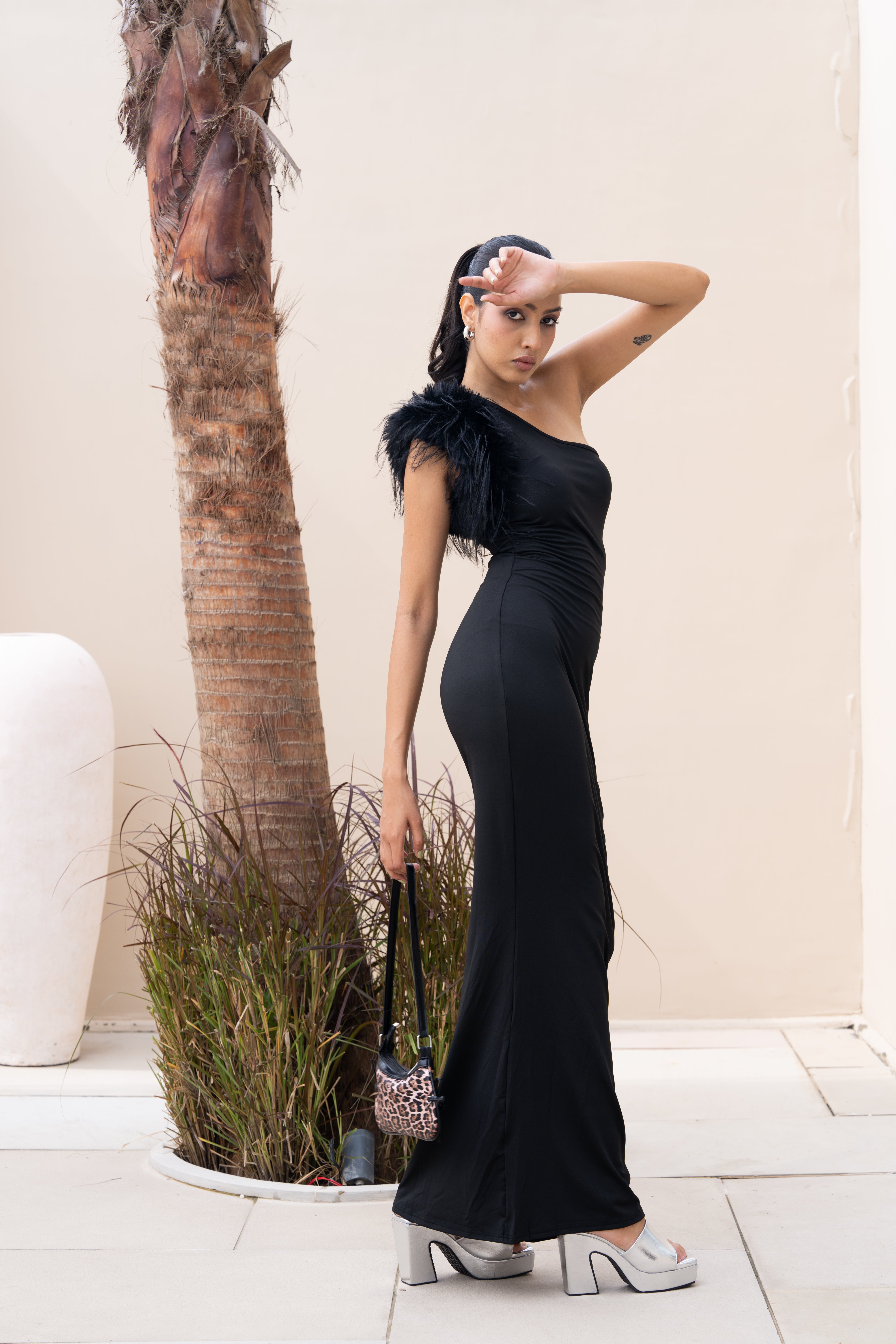 Black One Shoulder Feather Detail Maxi Gown – Designer Partywear Dress