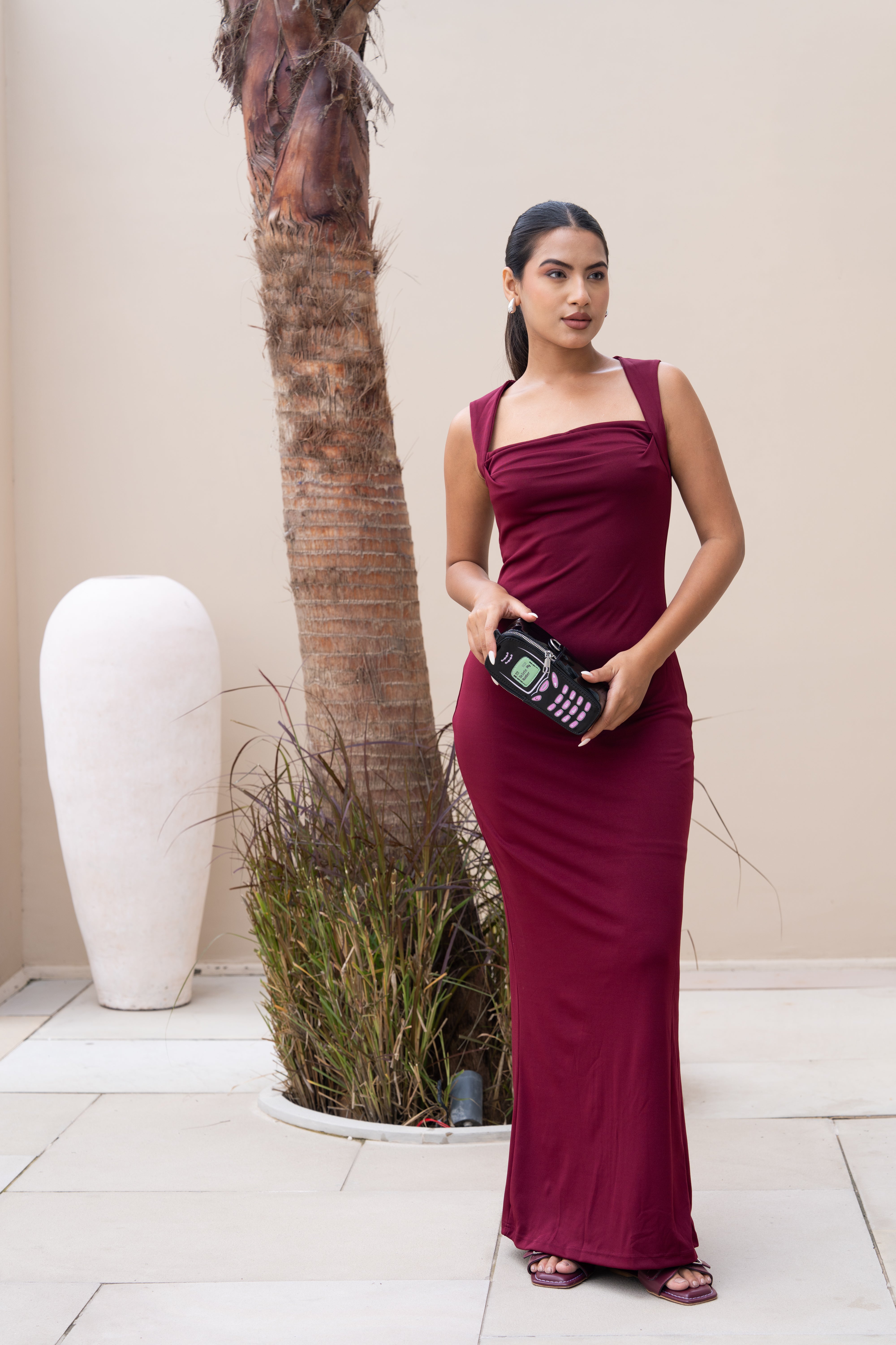 Maroon Square Neck Bodycon Maxi Gown – Elegant Partywear Dress for Women
