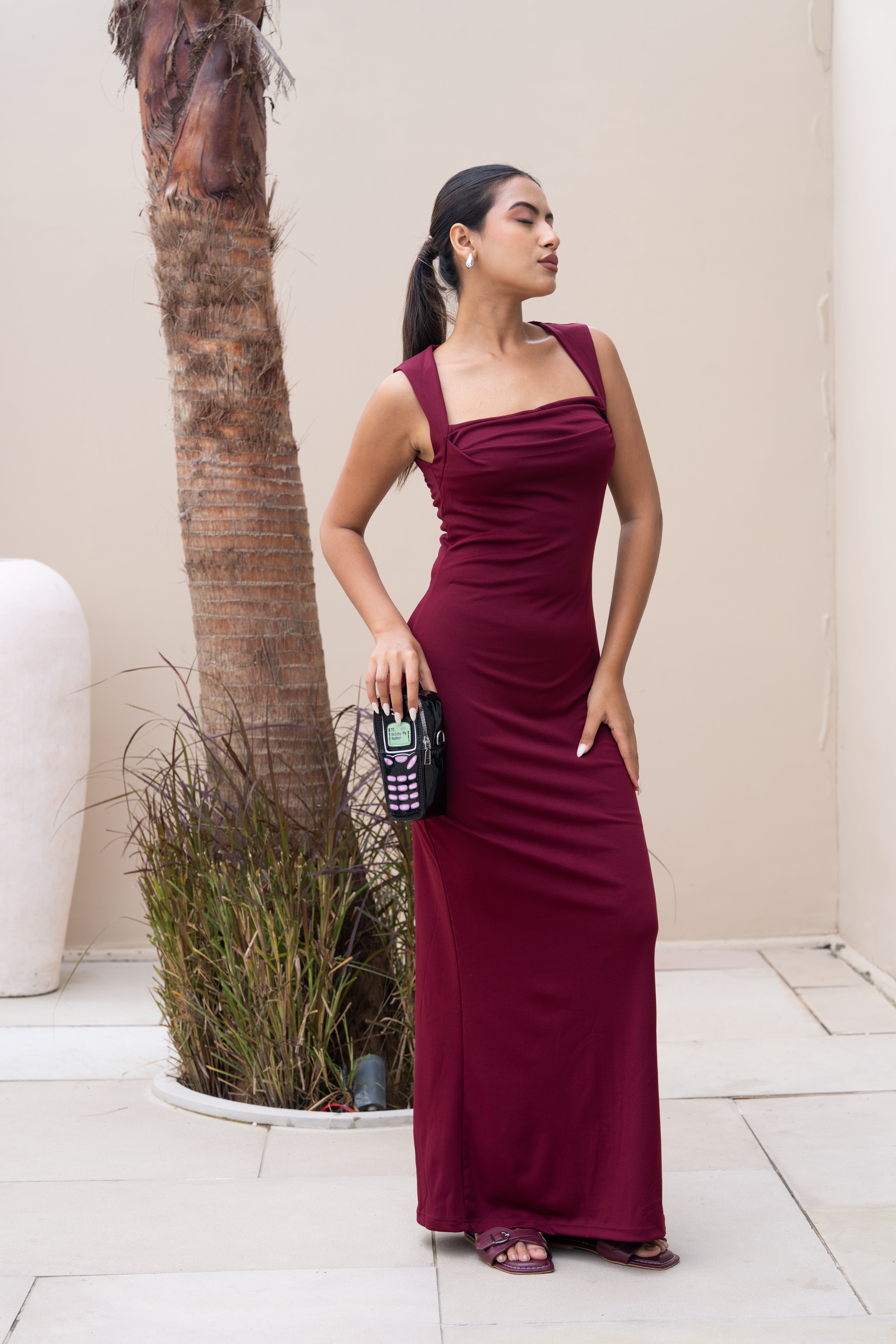 Maroon Square Neck Bodycon Maxi Gown – Elegant Partywear Dress for Women