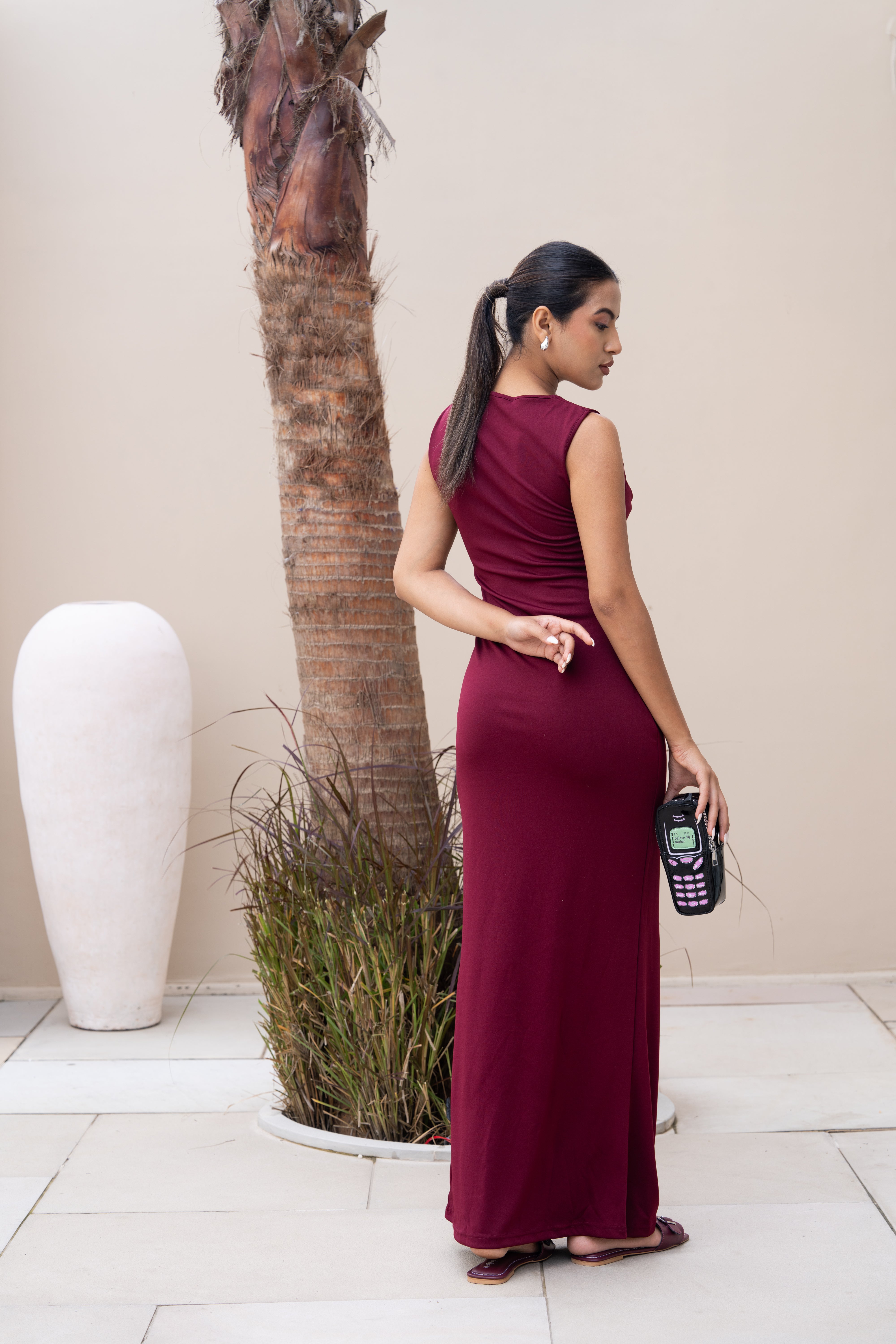 Maroon Square Neck Bodycon Maxi Gown – Elegant Partywear Dress for Women