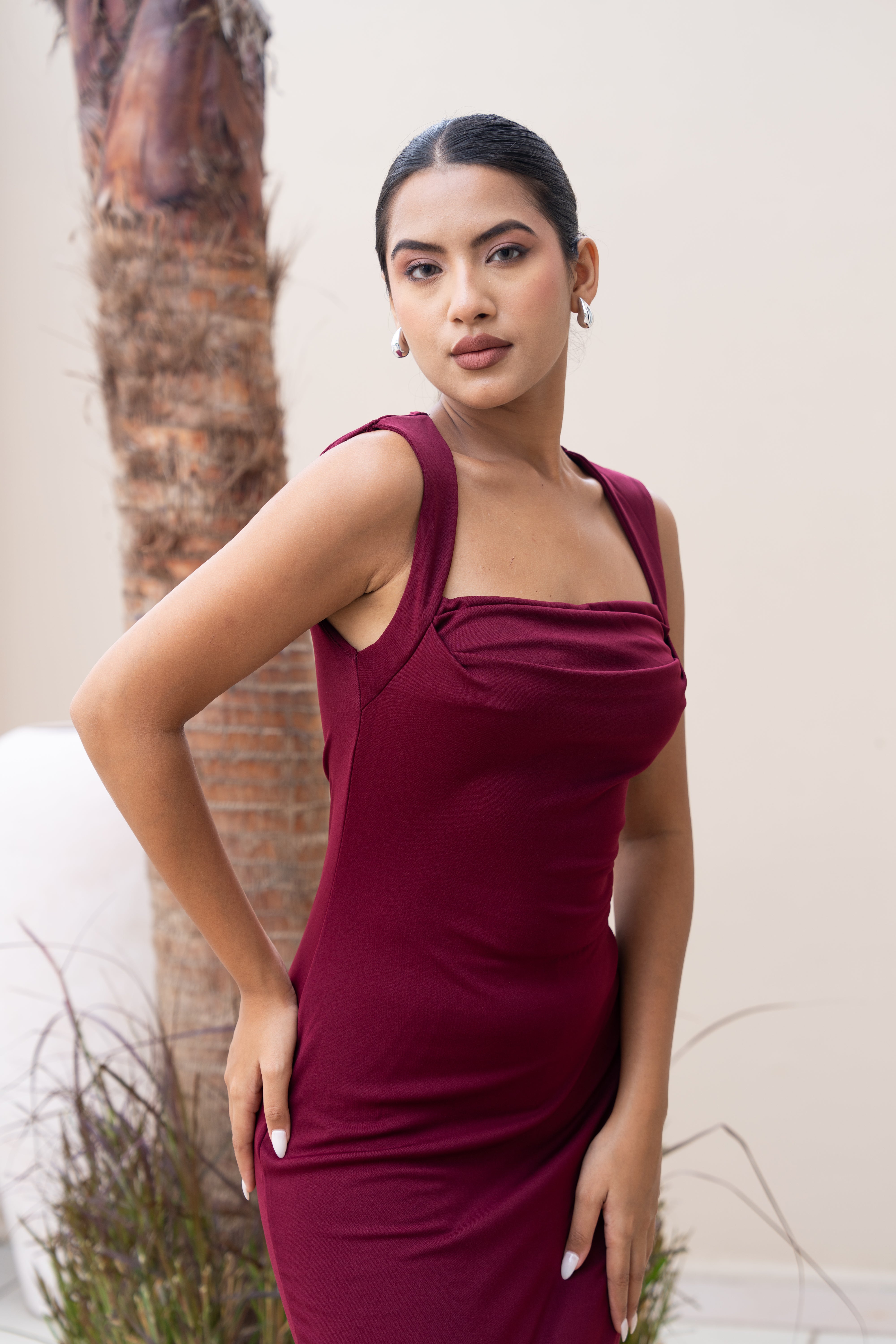 Maroon Square Neck Bodycon Maxi Gown – Elegant Partywear Dress for Women