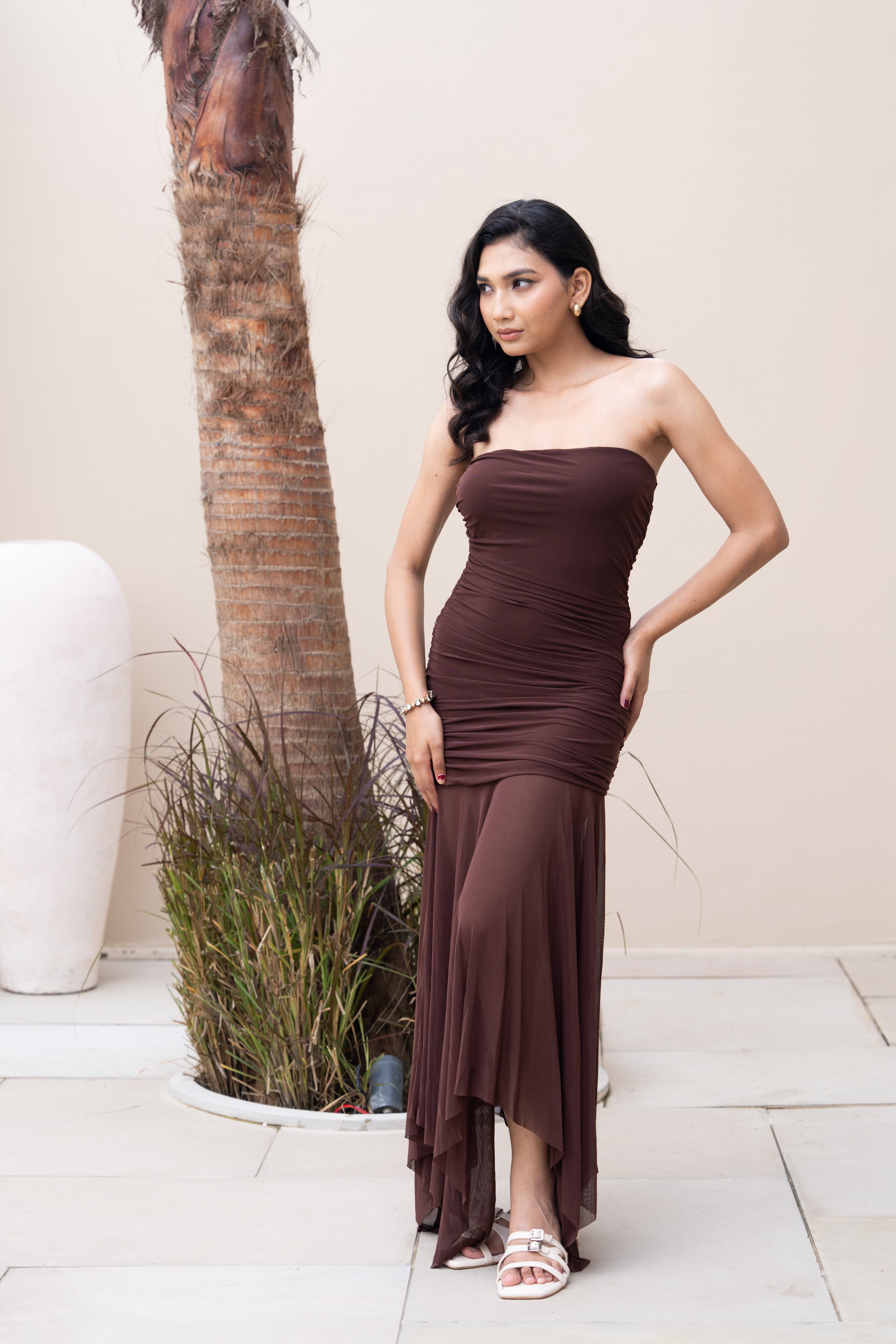 Brown Strapless Ruched Asymmetrical Maxi Gown – Elegant Partywear Dress