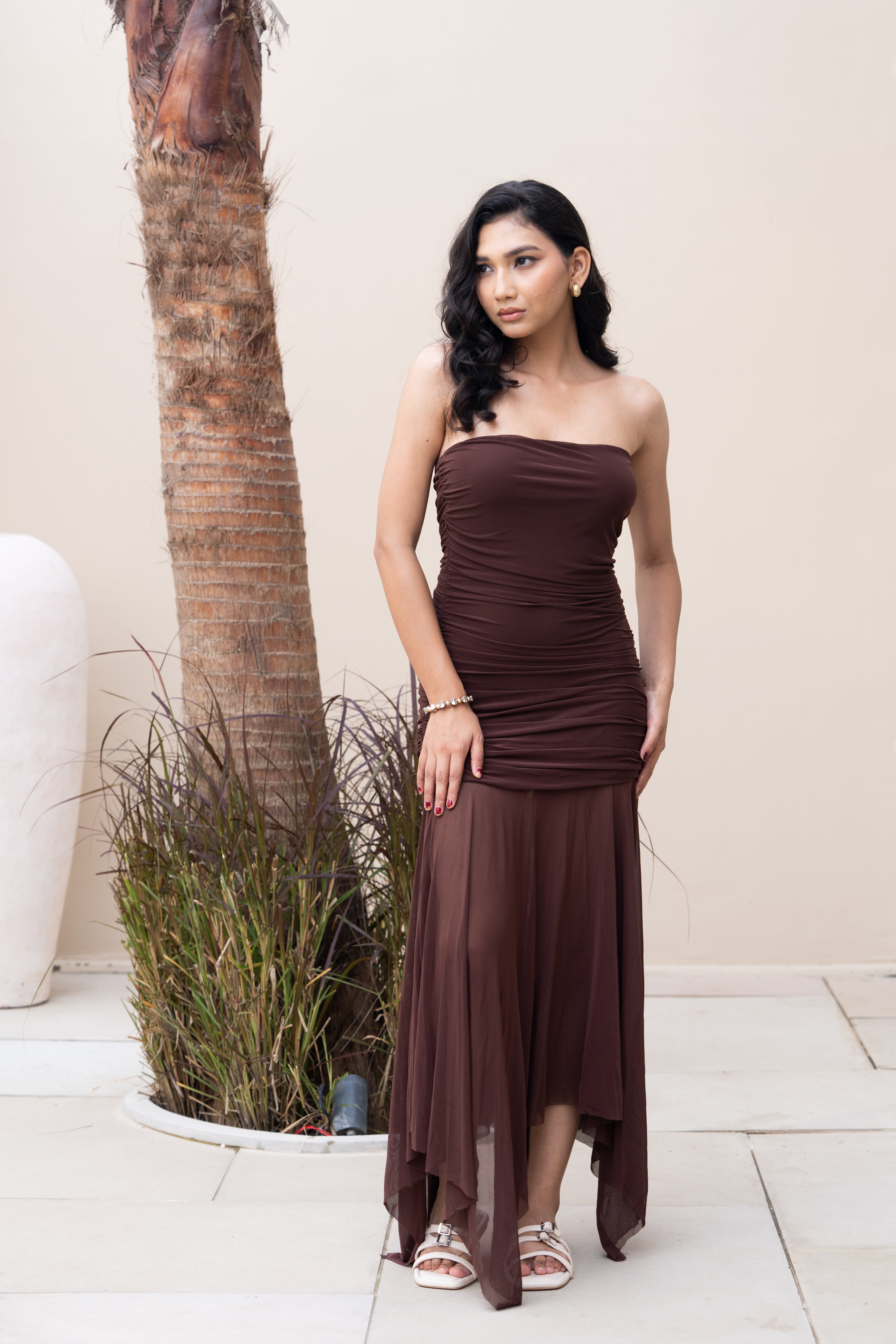 Brown Strapless Ruched Asymmetrical Maxi Gown – Elegant Partywear Dress