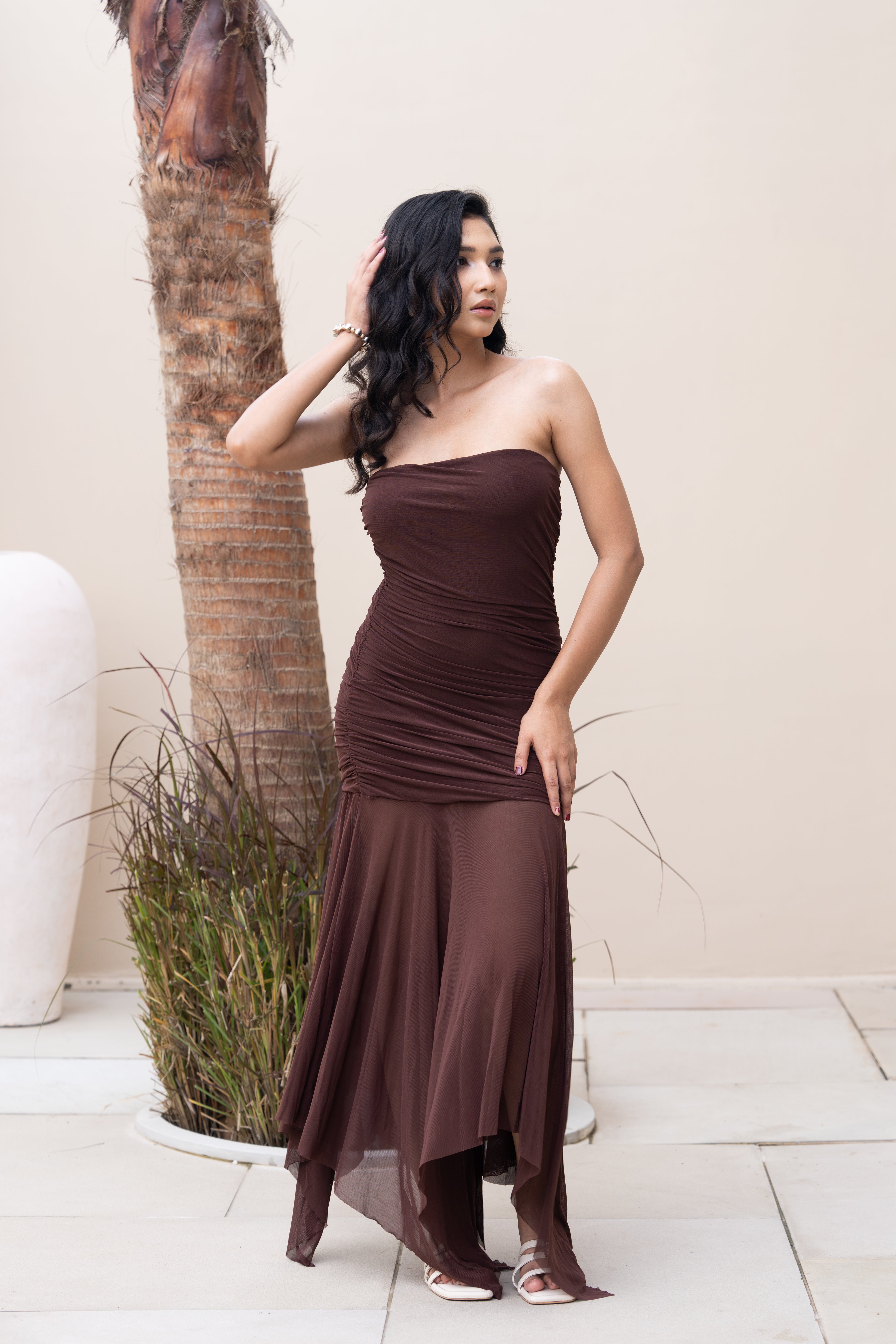 Brown Strapless Ruched Asymmetrical Maxi Gown – Elegant Partywear Dress