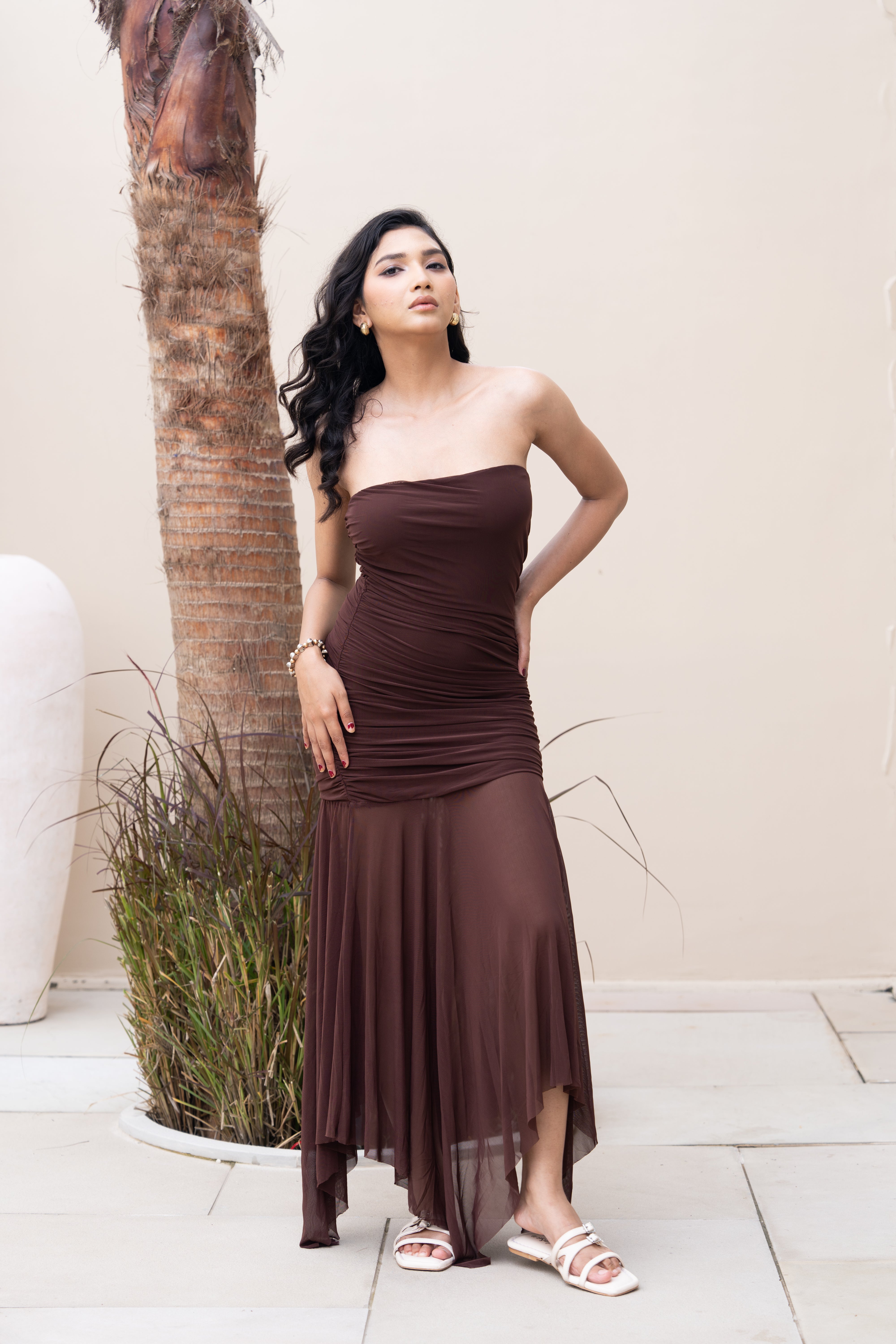 Brown Strapless Ruched Asymmetrical Maxi Gown – Elegant Partywear Dress