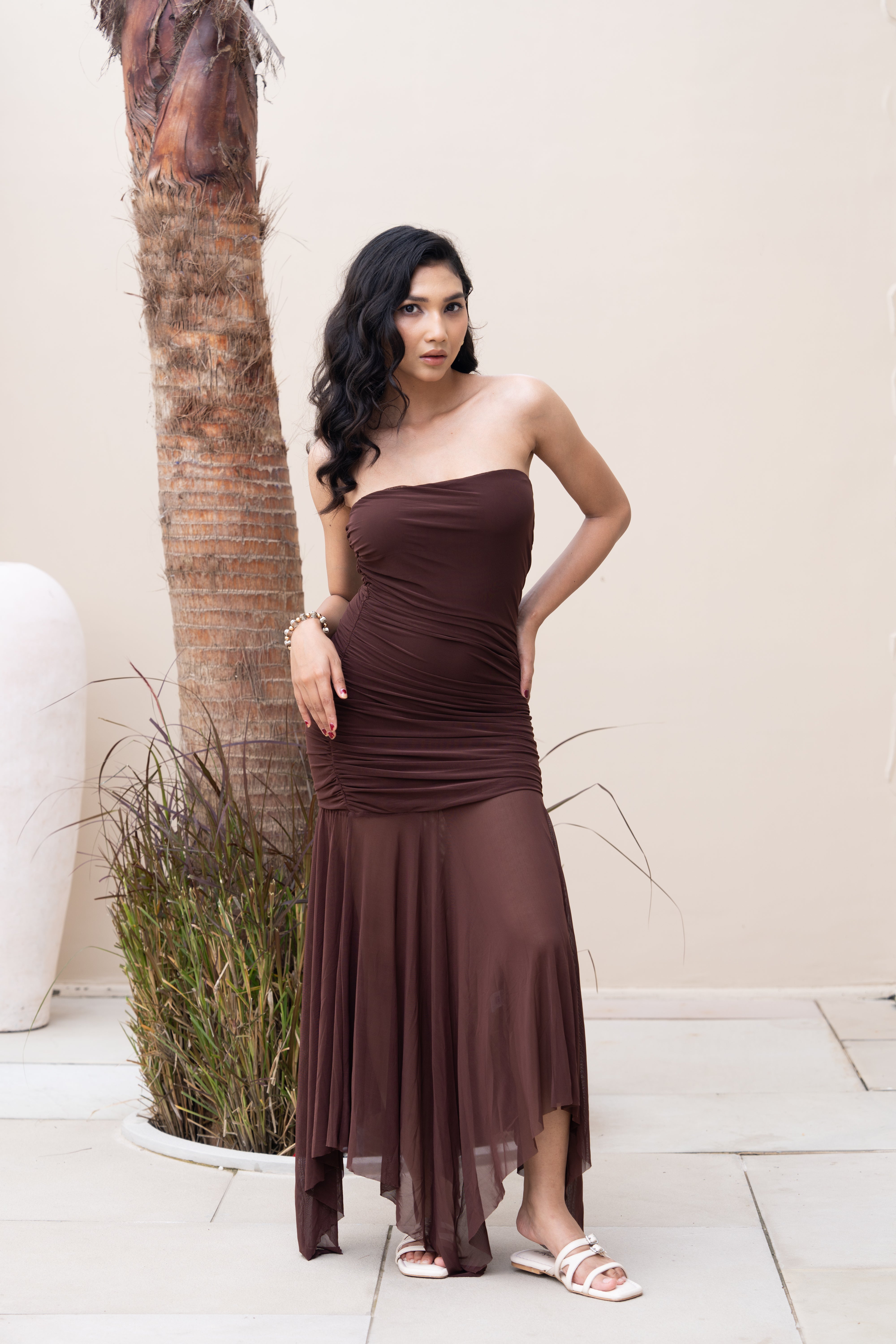 Brown Strapless Ruched Asymmetrical Maxi Gown – Elegant Partywear Dress