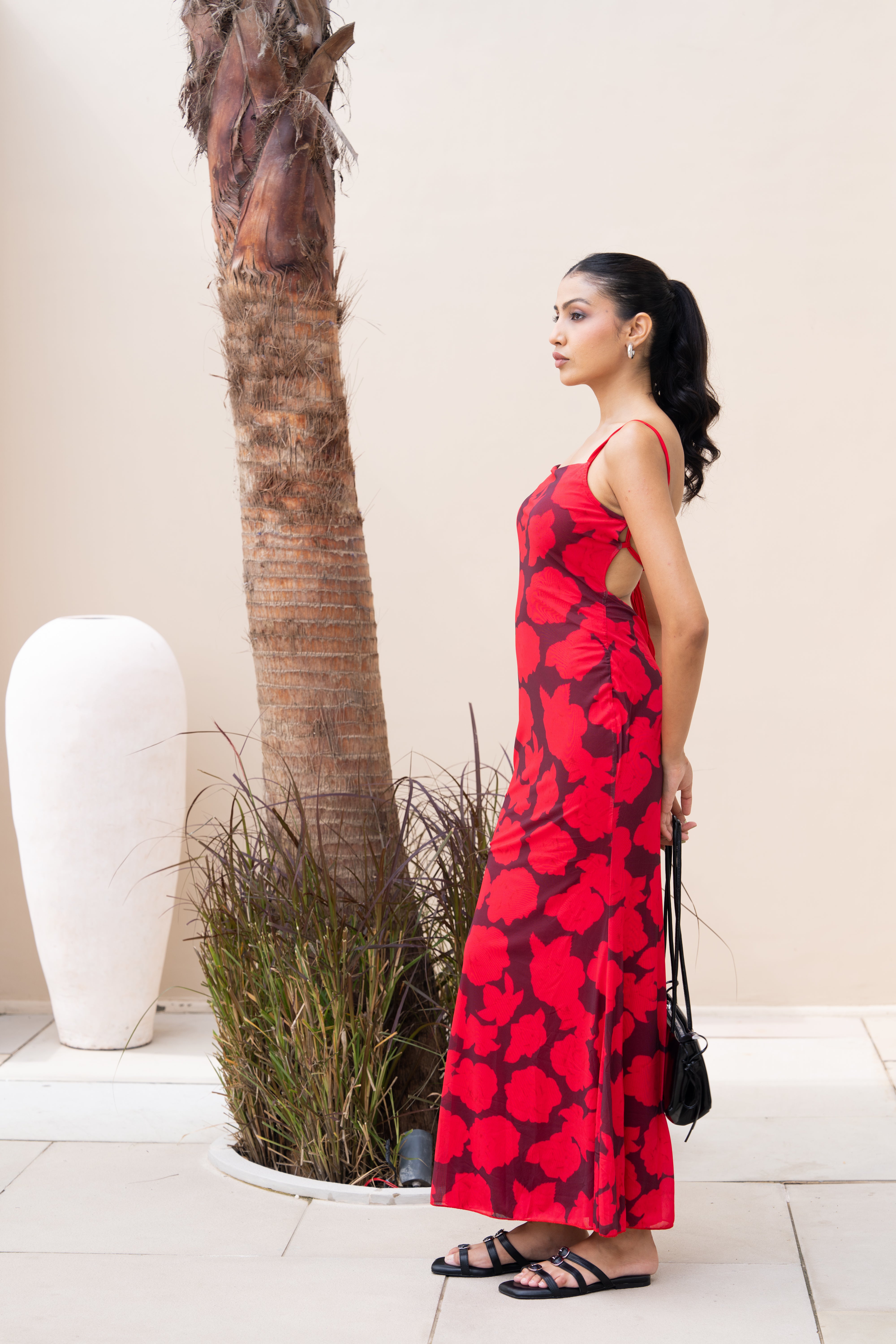 Red Floral Print Bodycon Maxi Dress – Sleeveless Partywear Gown for Women
