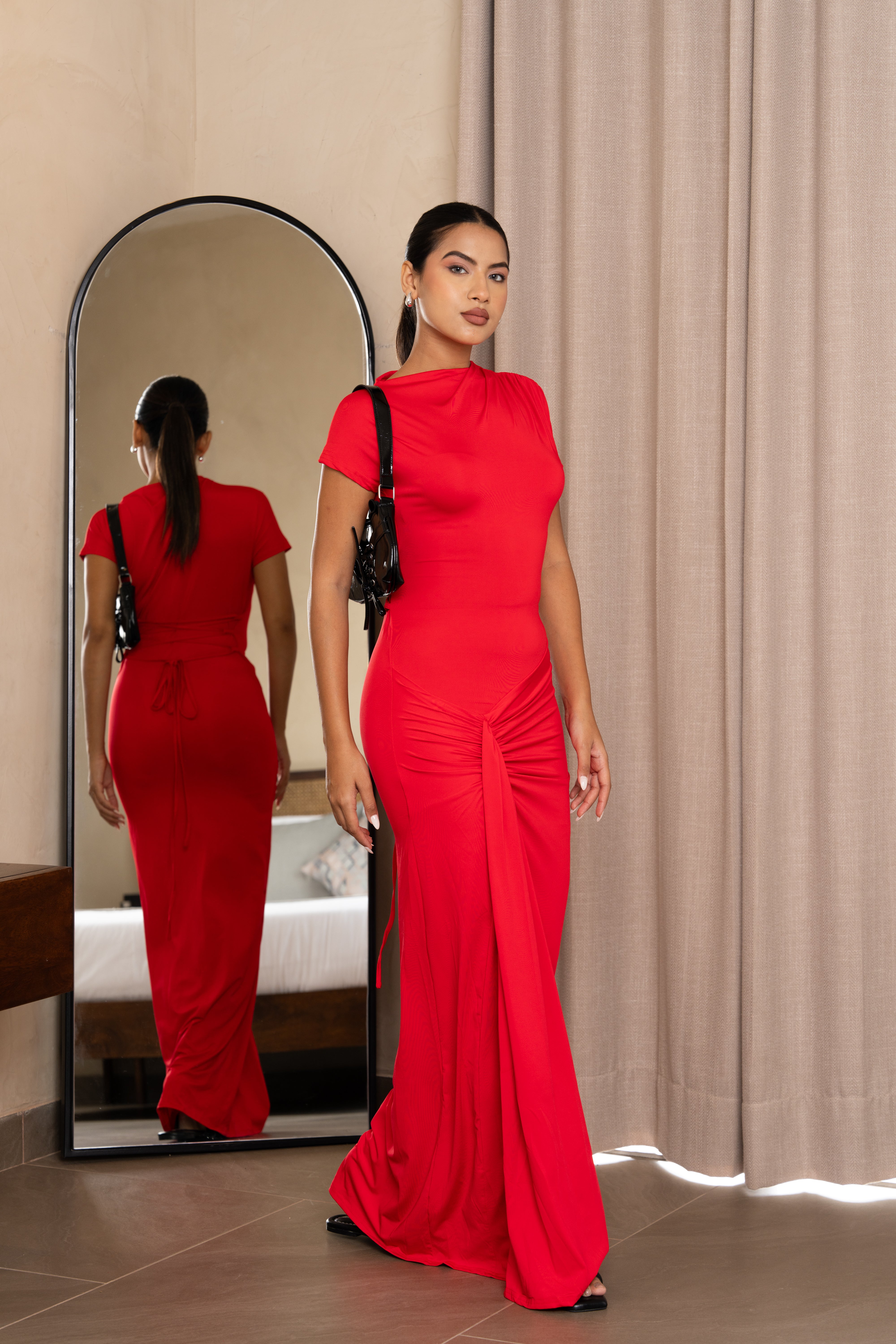 Red High Neck Ruched Maxi Gown – Elegant Back Tie Party Dress