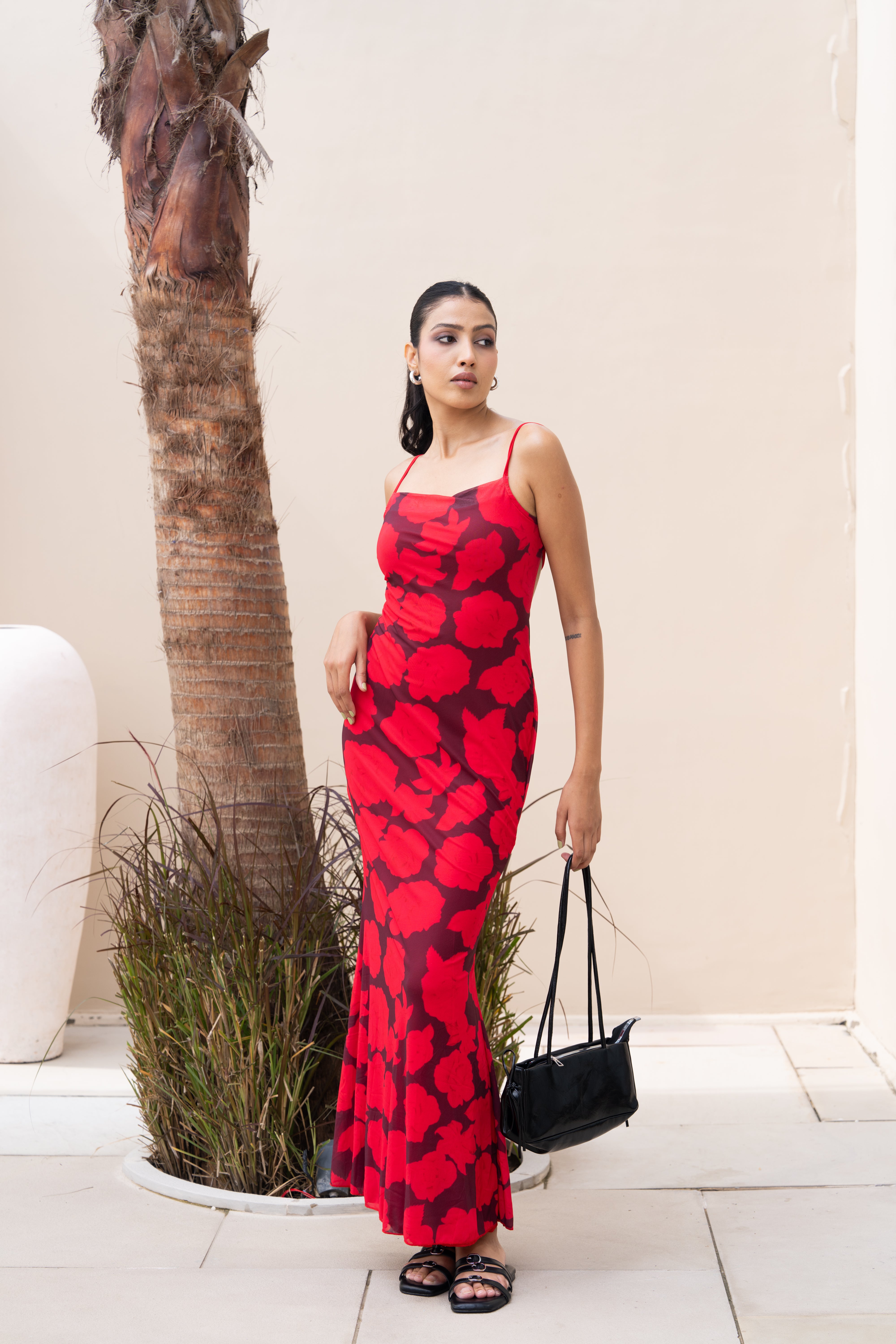 Red Floral Print Bodycon Maxi Dress – Sleeveless Partywear Gown for Women