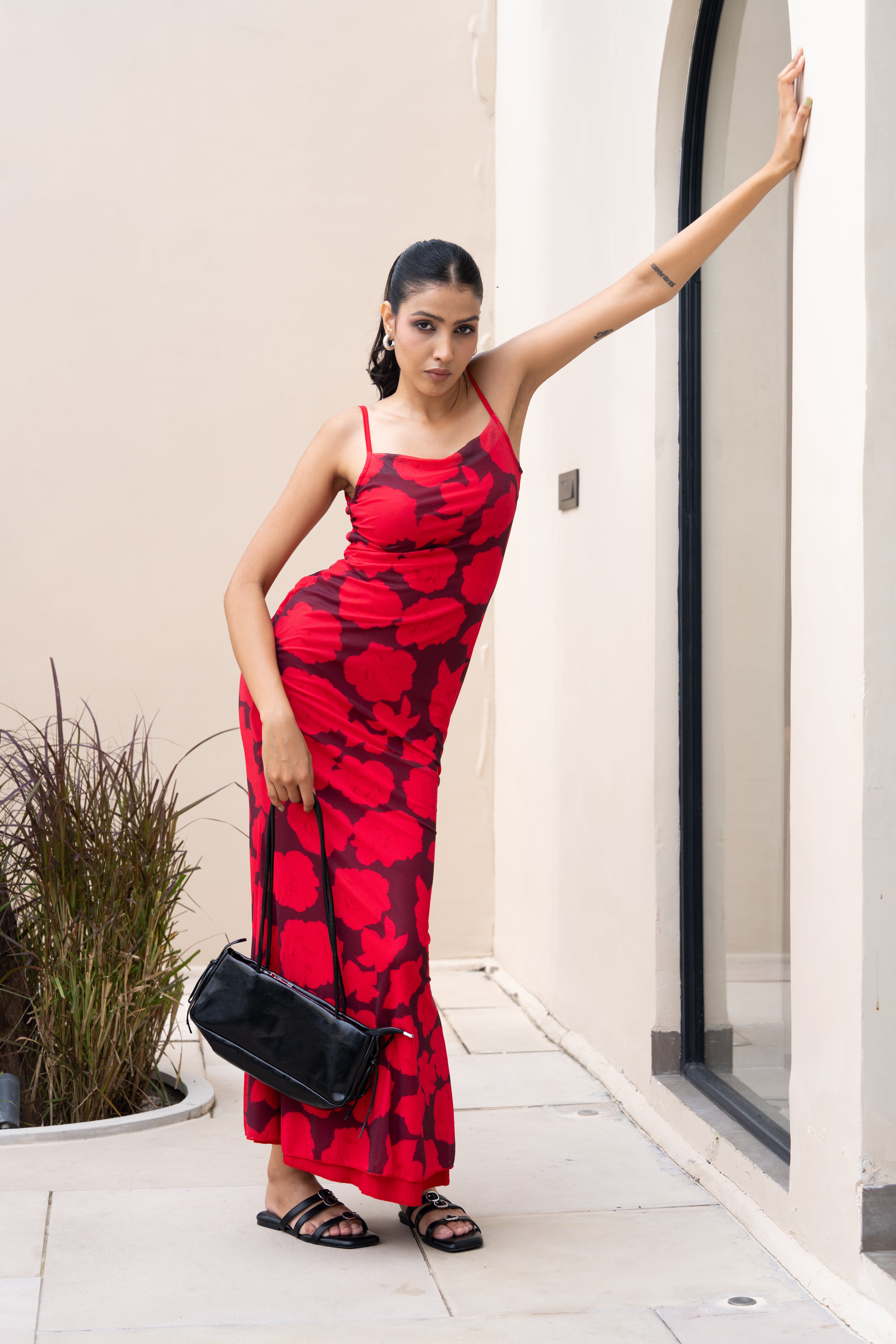 Red Floral Print Bodycon Maxi Dress – Sleeveless Partywear Gown for Women