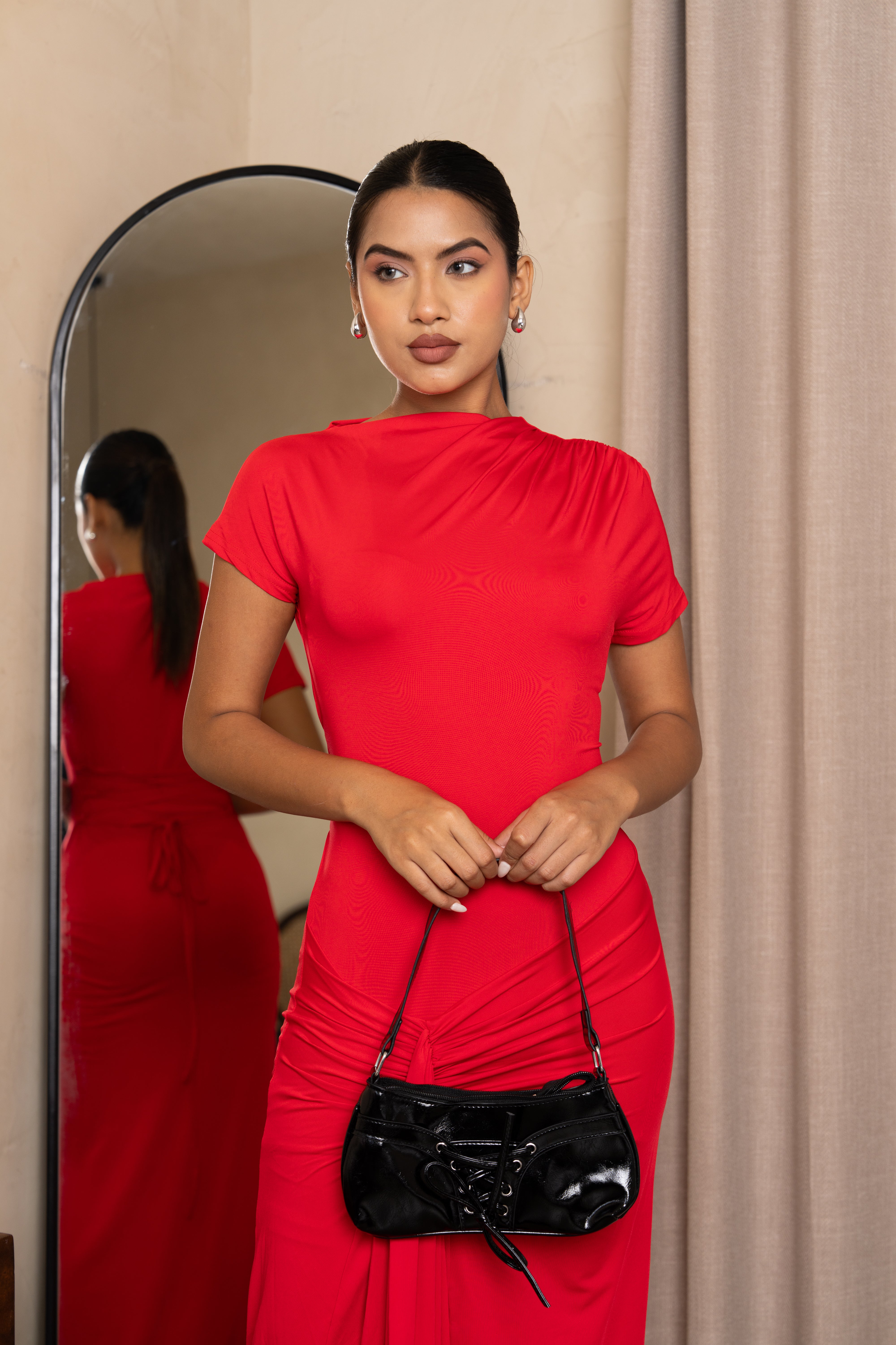 Red High Neck Ruched Maxi Gown – Elegant Back Tie Party Dress