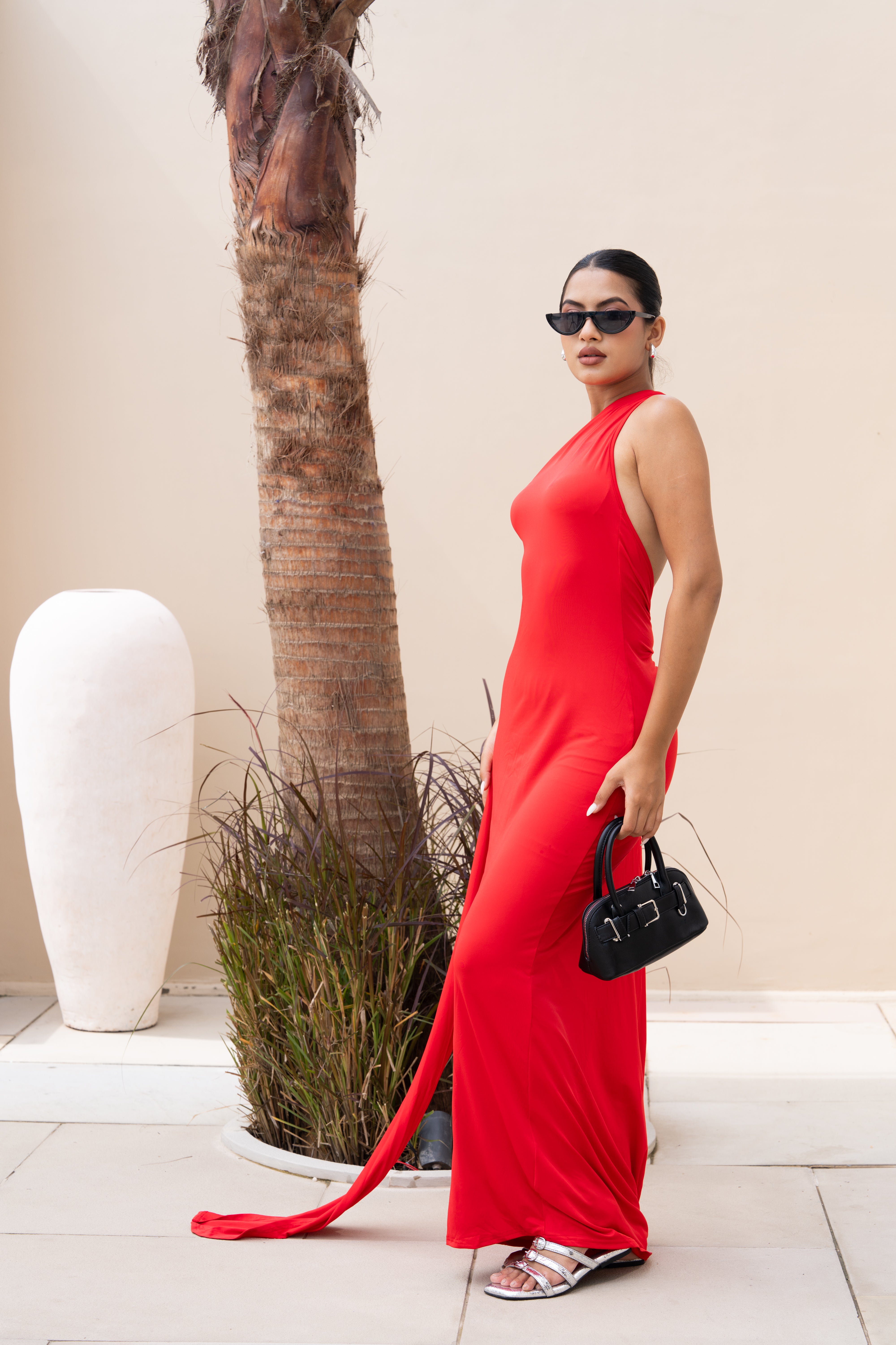 Red Halter Neck Backless Maxi Gown with Train – Elegant Evening Party Dress