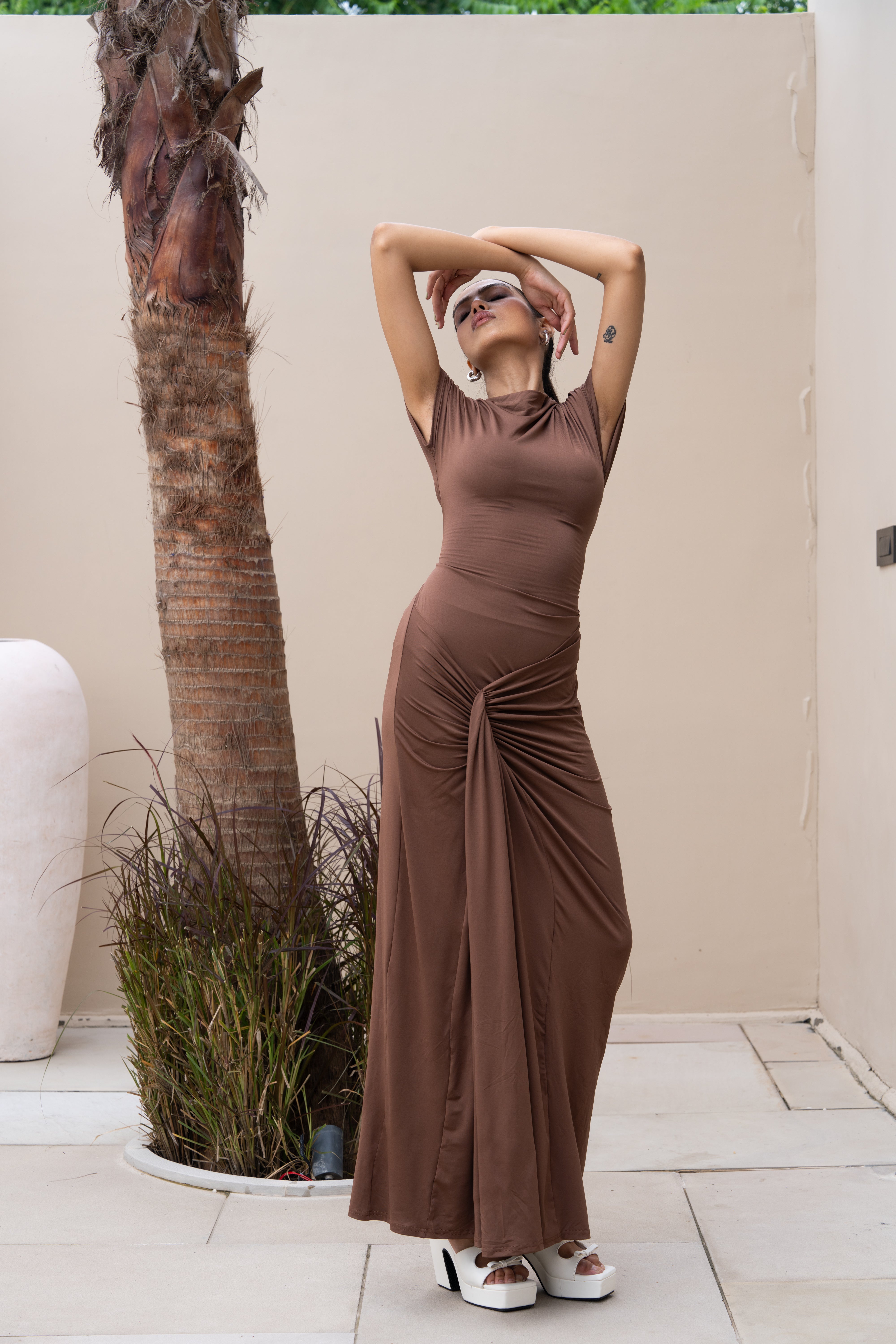 Brown High Neck Ruched Maxi Gown – Short Sleeve Partywear Dress for Women