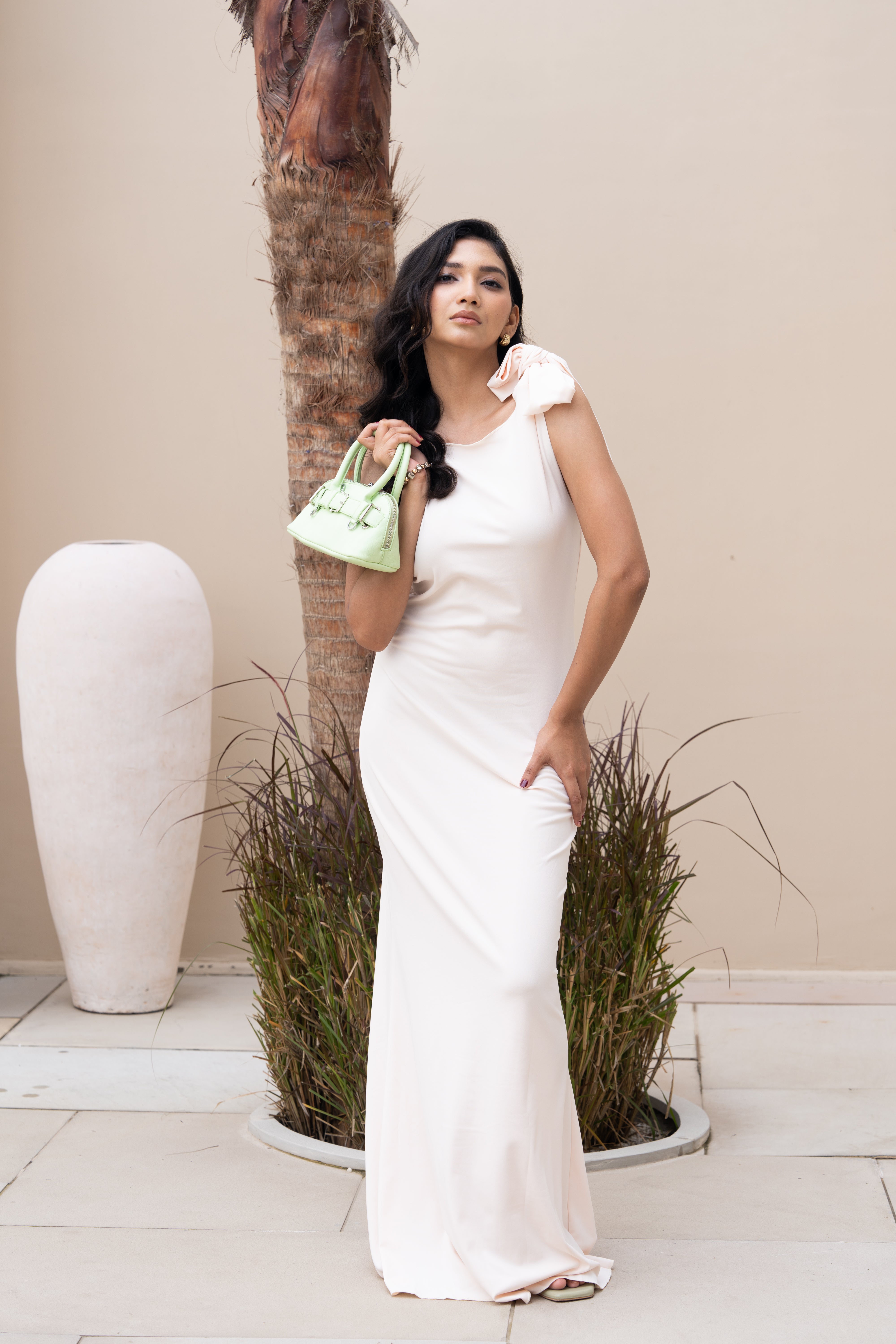 Offwhite One Shoulder Bow Detail Maxi Gown – Elegant Evening & Party Dress