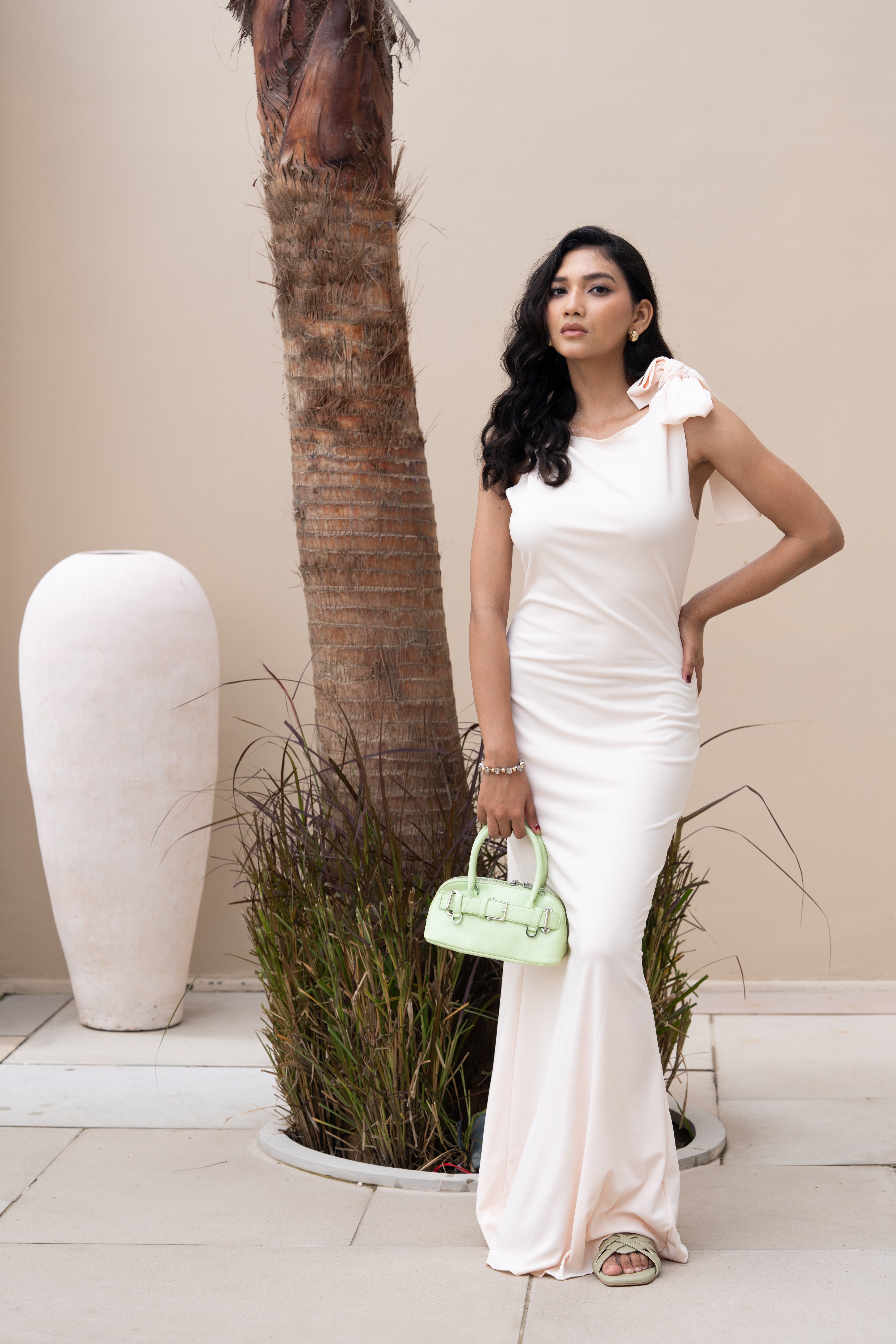 Offwhite One Shoulder Bow Detail Maxi Gown – Elegant Evening & Party Dress