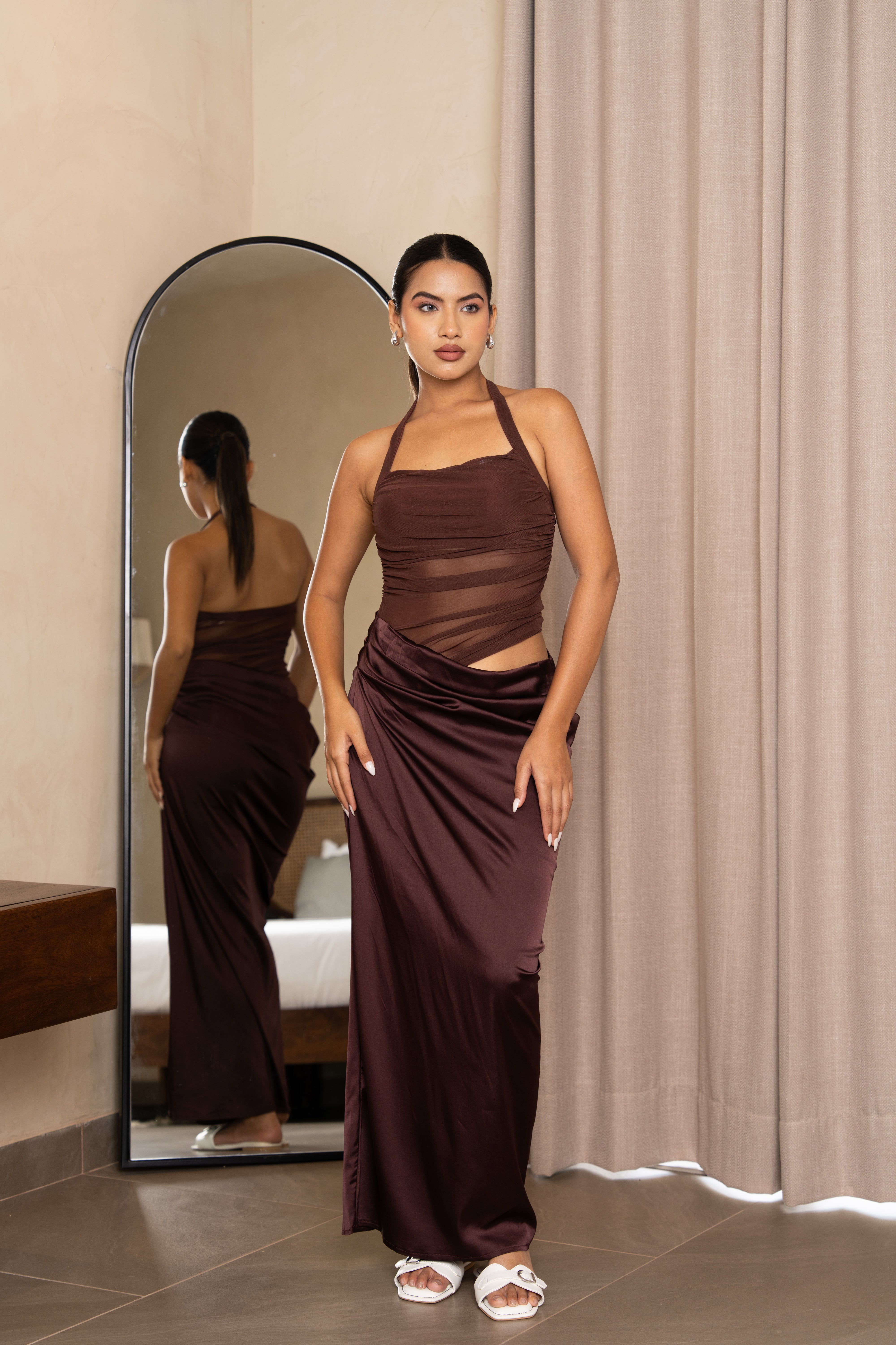 Mocha Muse Draped Halter Dress