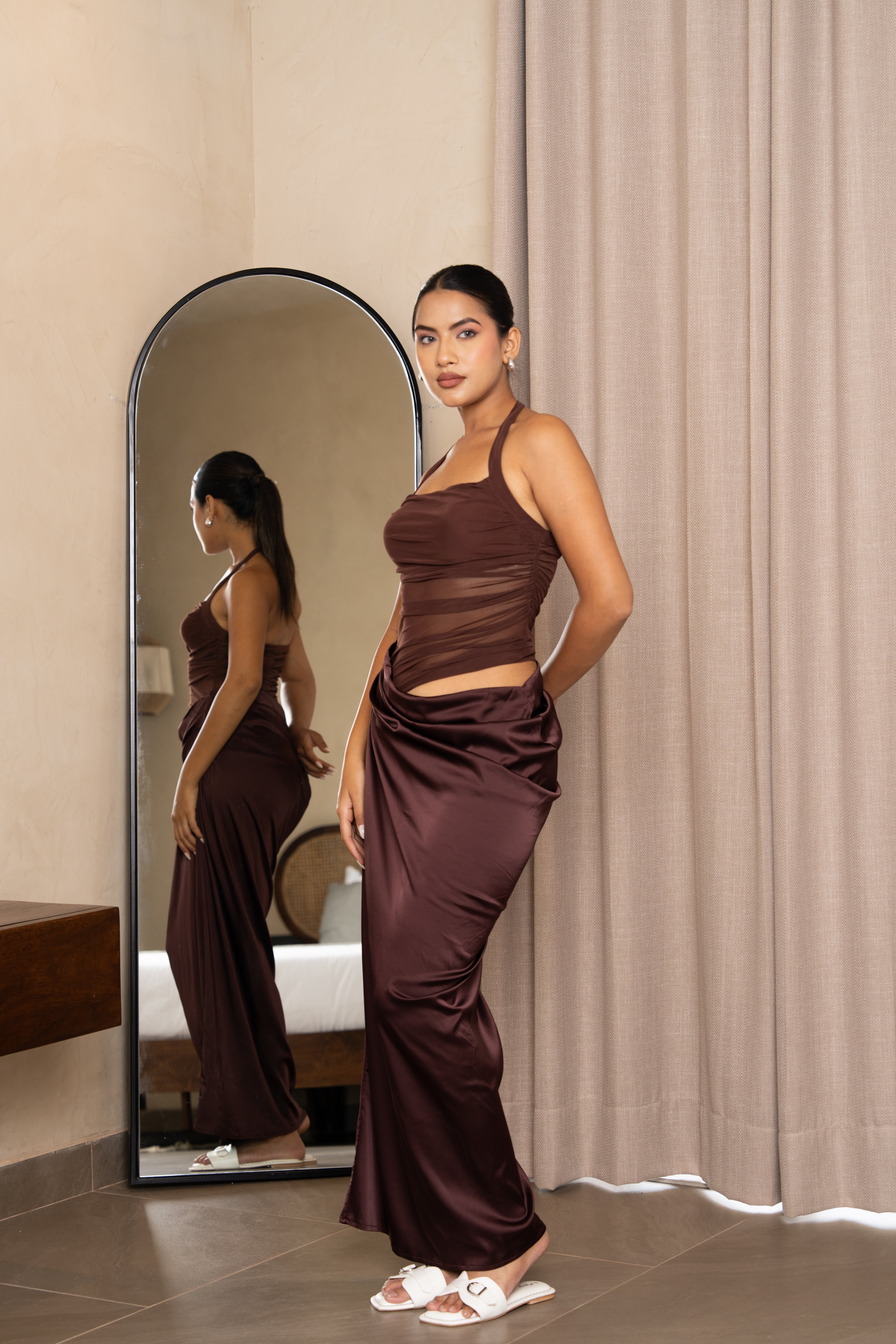 Mocha Muse Draped Halter Dress