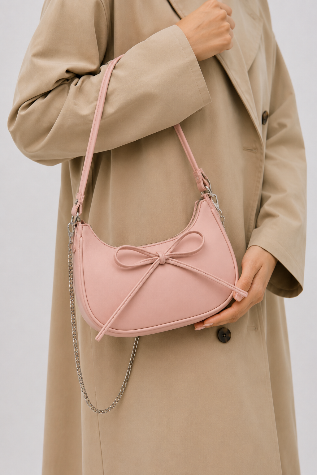 Isabelle | Women’s Blush Pink Bow Shoulder Bag | Premium Faux Leather Handbag